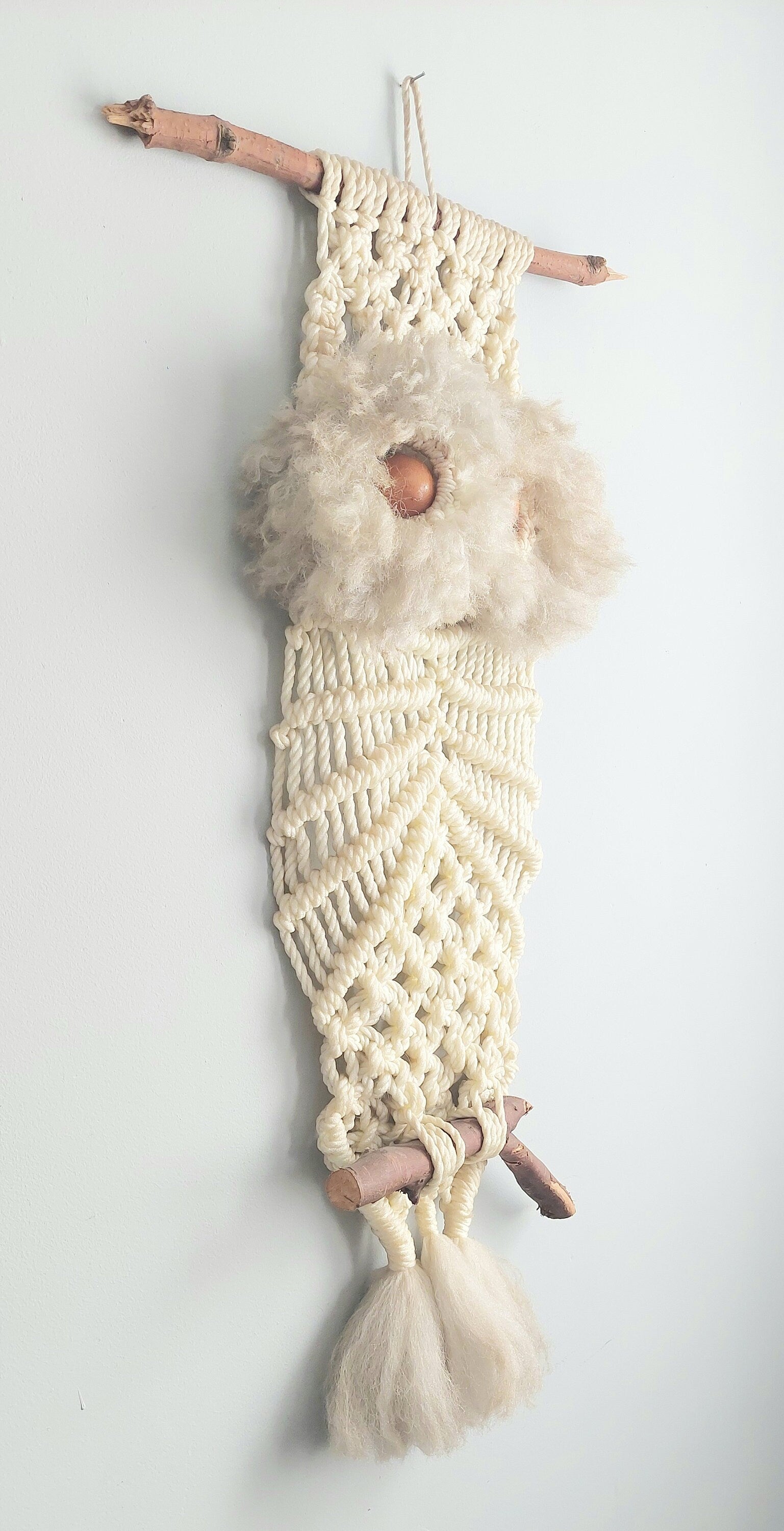 Vintage Handmade Macrame Owl Wall Hanging MCM MId-century Home Decor 1960s Boho Large
