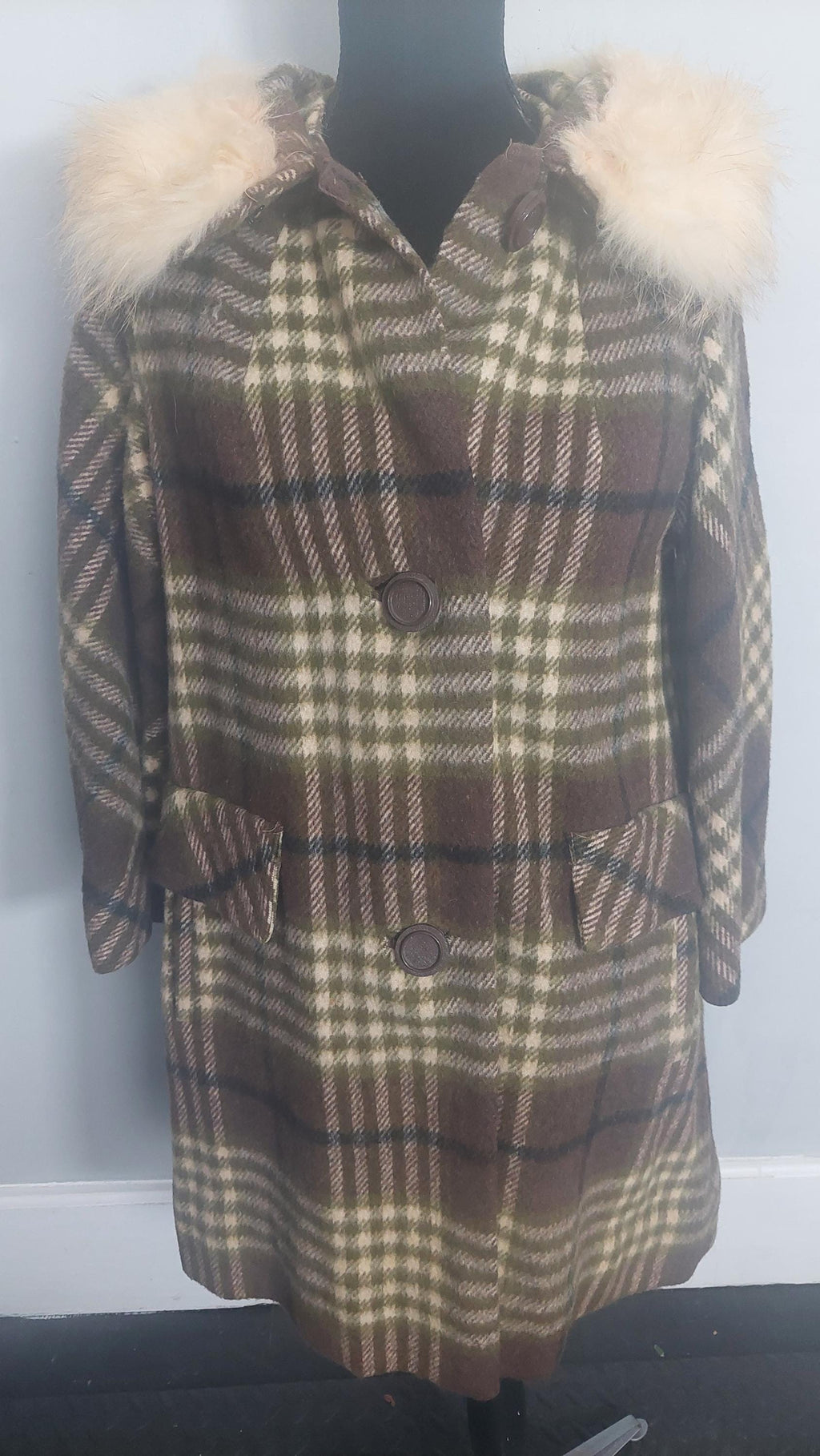 1970s Faux Fur Collar Wool Gingham Print PlaidWinter Coat