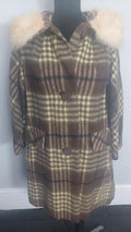 1970s Faux Fur Collar Wool Gingham Print PlaidWinter Coat