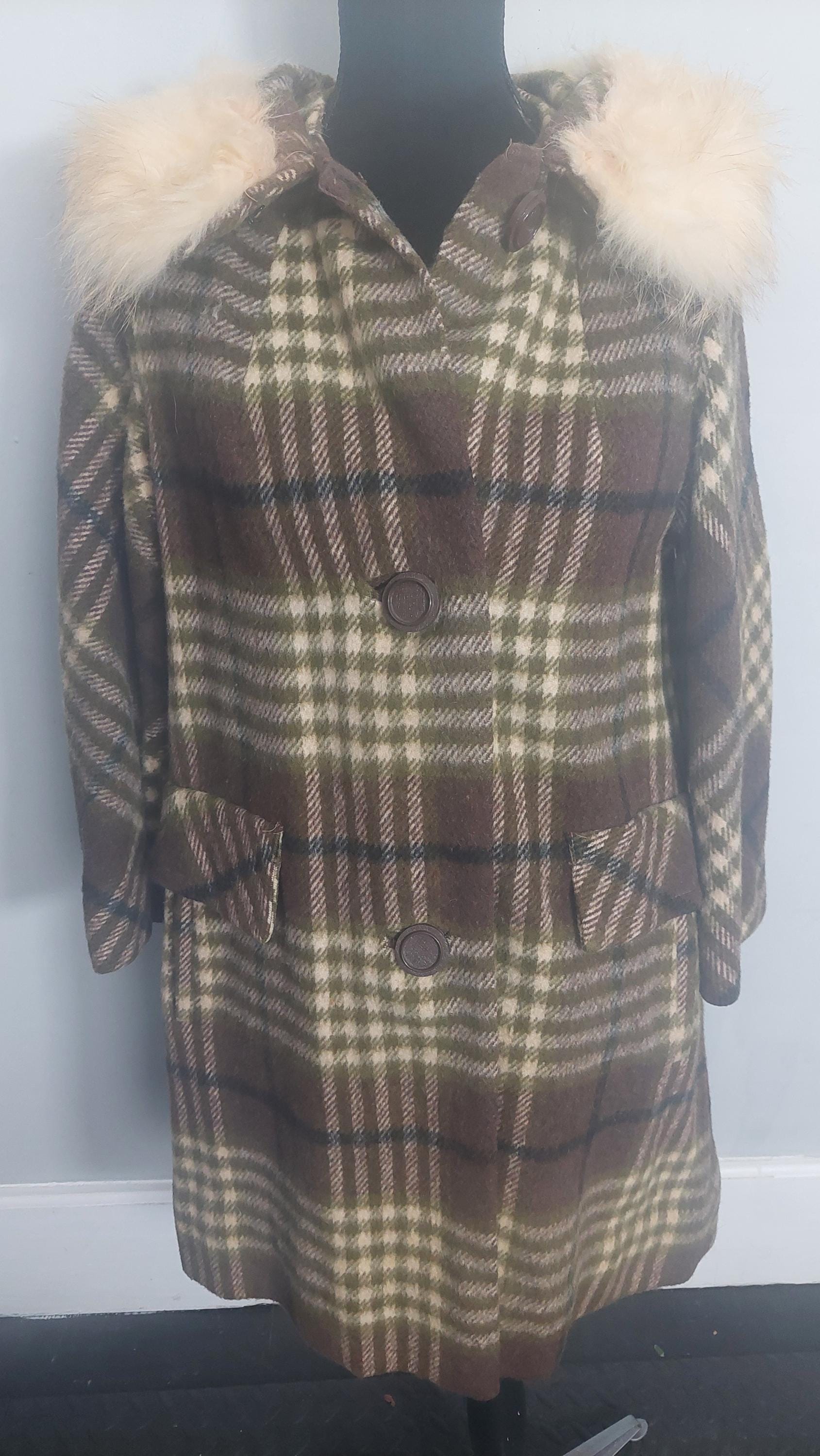 1970s Faux Fur Collar Wool Gingham Print PlaidWinter Coat