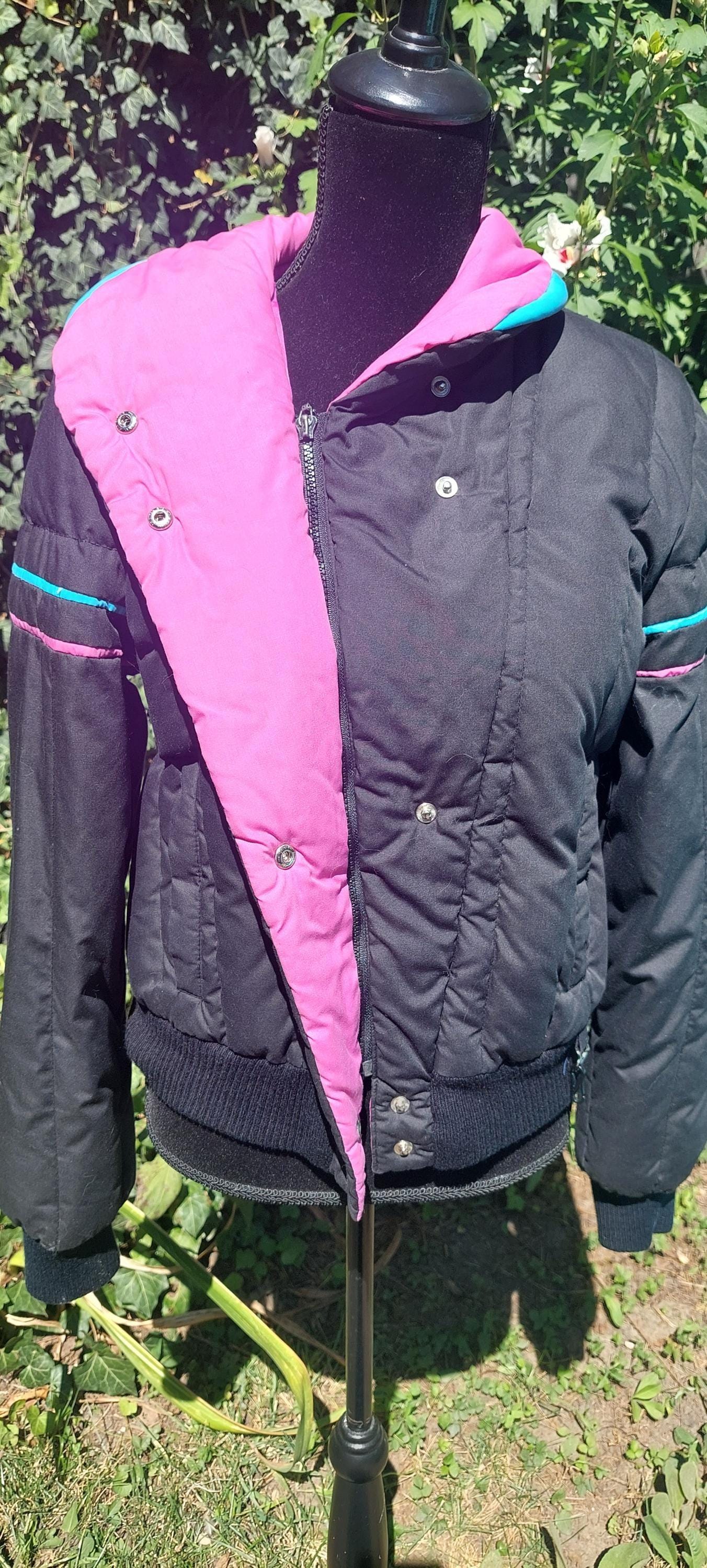 Vintage 1980s Obermeyer Black Teal & Pink Striped Puffy Carrie Style Ski Jacket