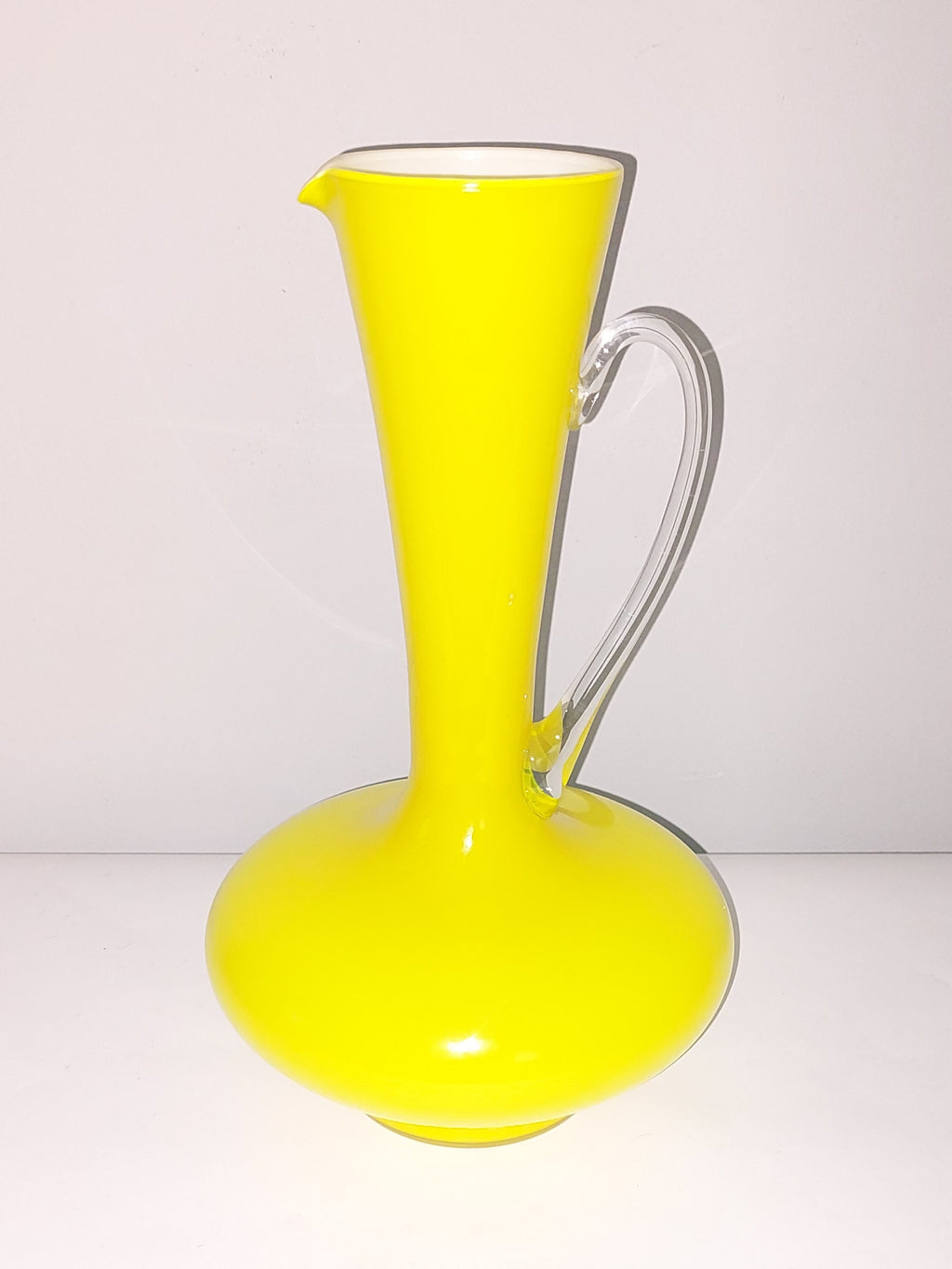 Vintage Mid-Century Yellow Cased Art Glass Pitcher Vase with Clear Glass Handle