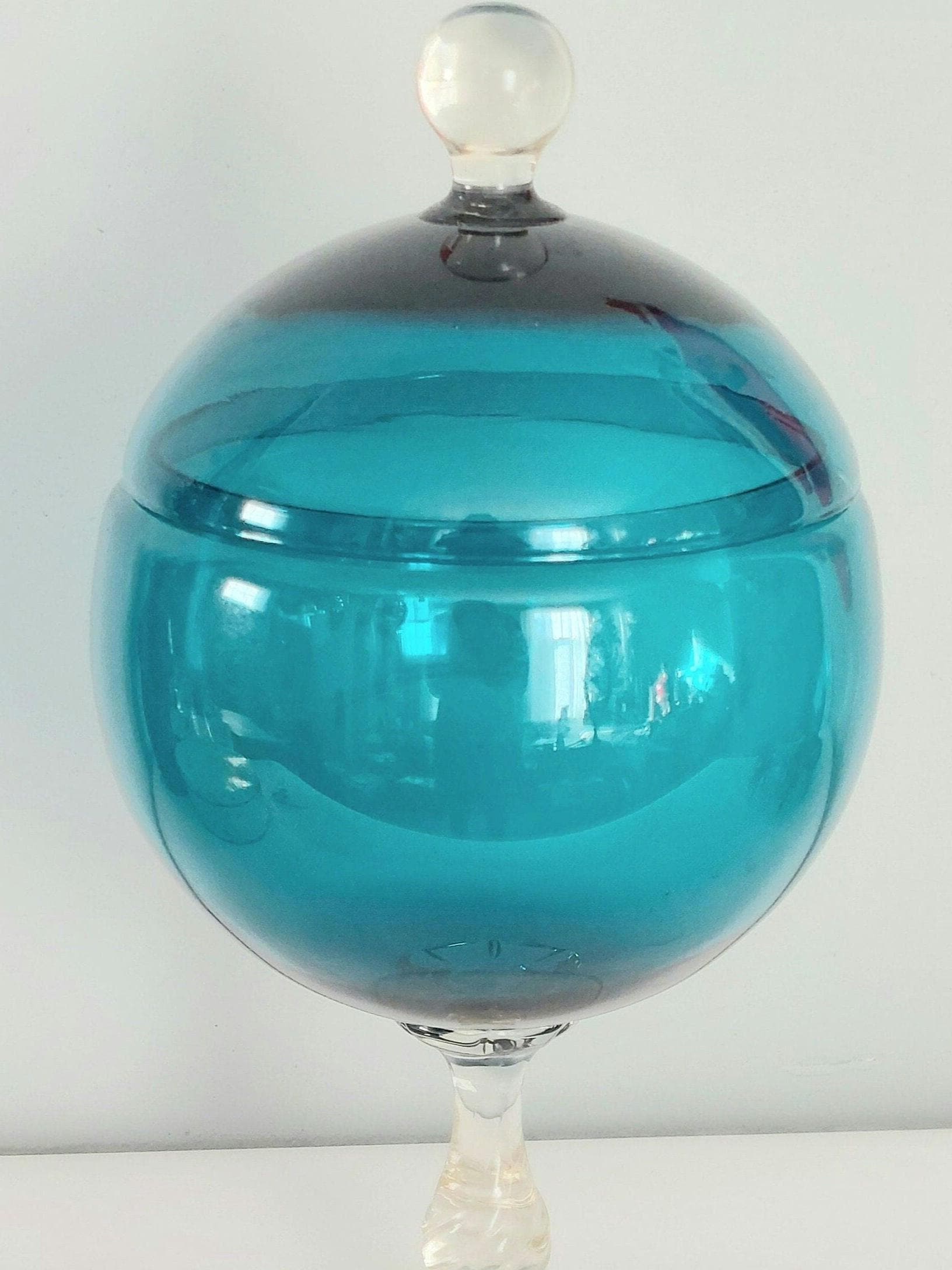 Vintage Mid-Century Empoli? Turquoise Italian Lidded Pedestal Glass Mod Apothecary Candy Jar
