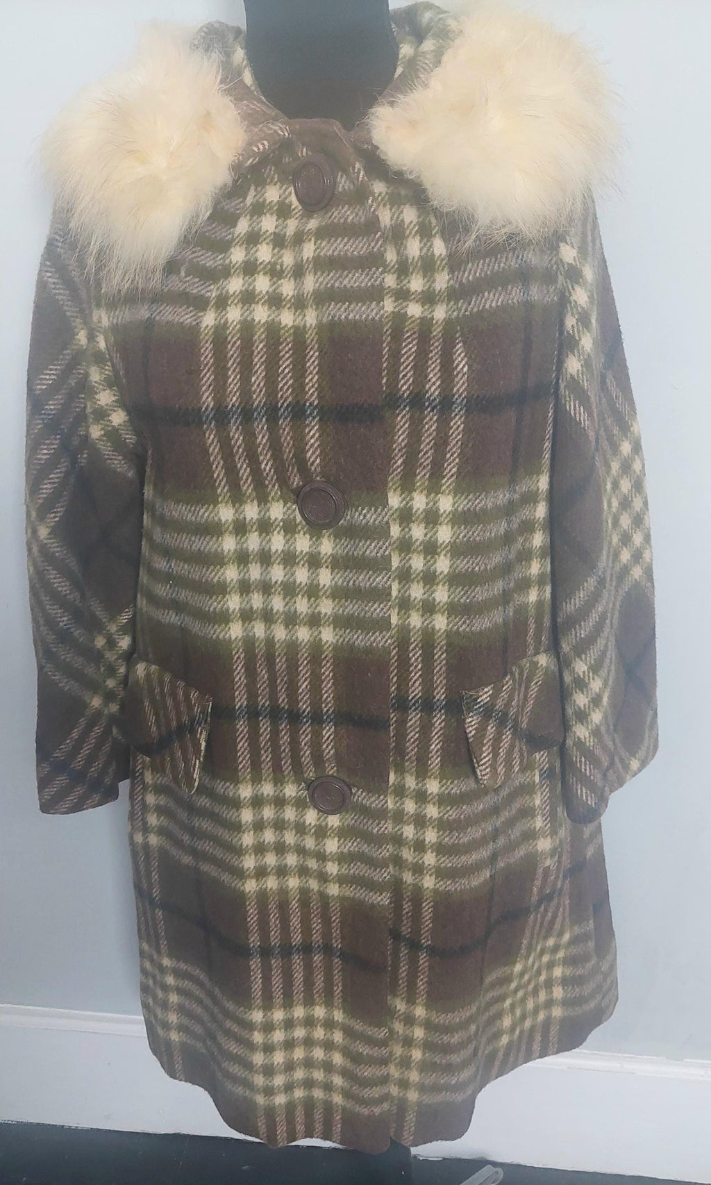 1970s Faux Fur Collar Wool Gingham Print PlaidWinter Coat