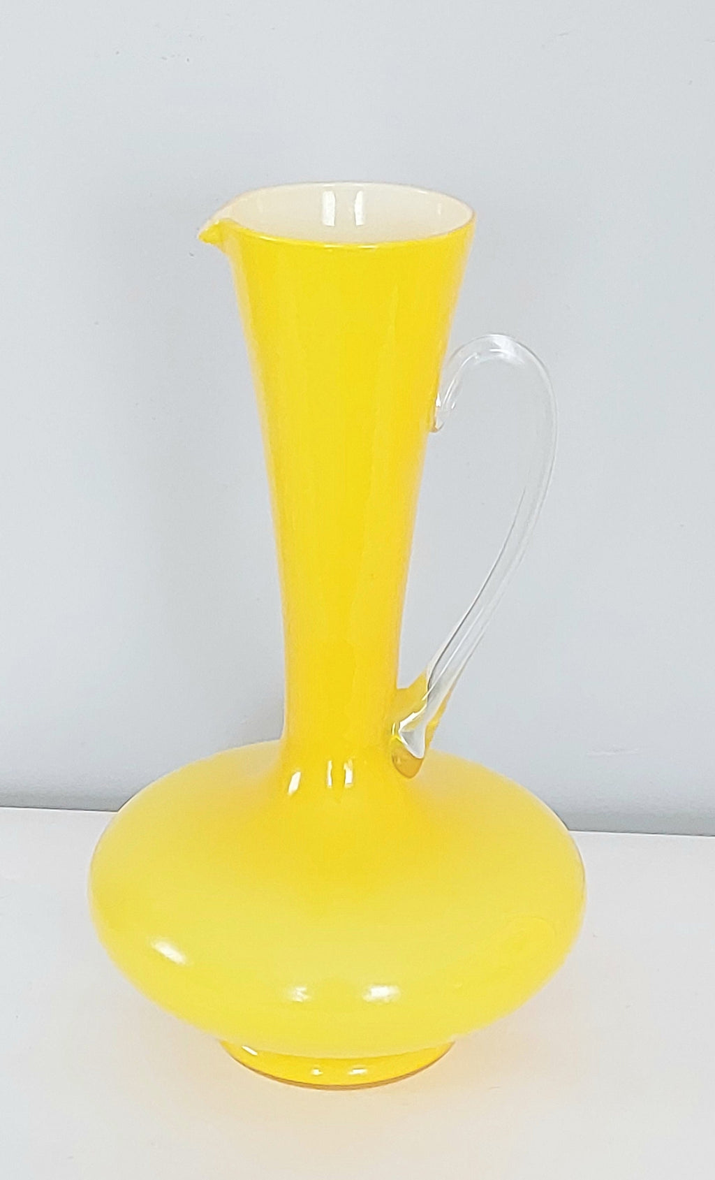 Vintage Mid-Century Yellow Cased Art Glass Pitcher Vase with Clear Glass Handle