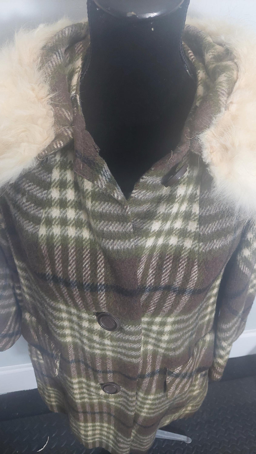 1970s Faux Fur Collar Wool Gingham Print PlaidWinter Coat