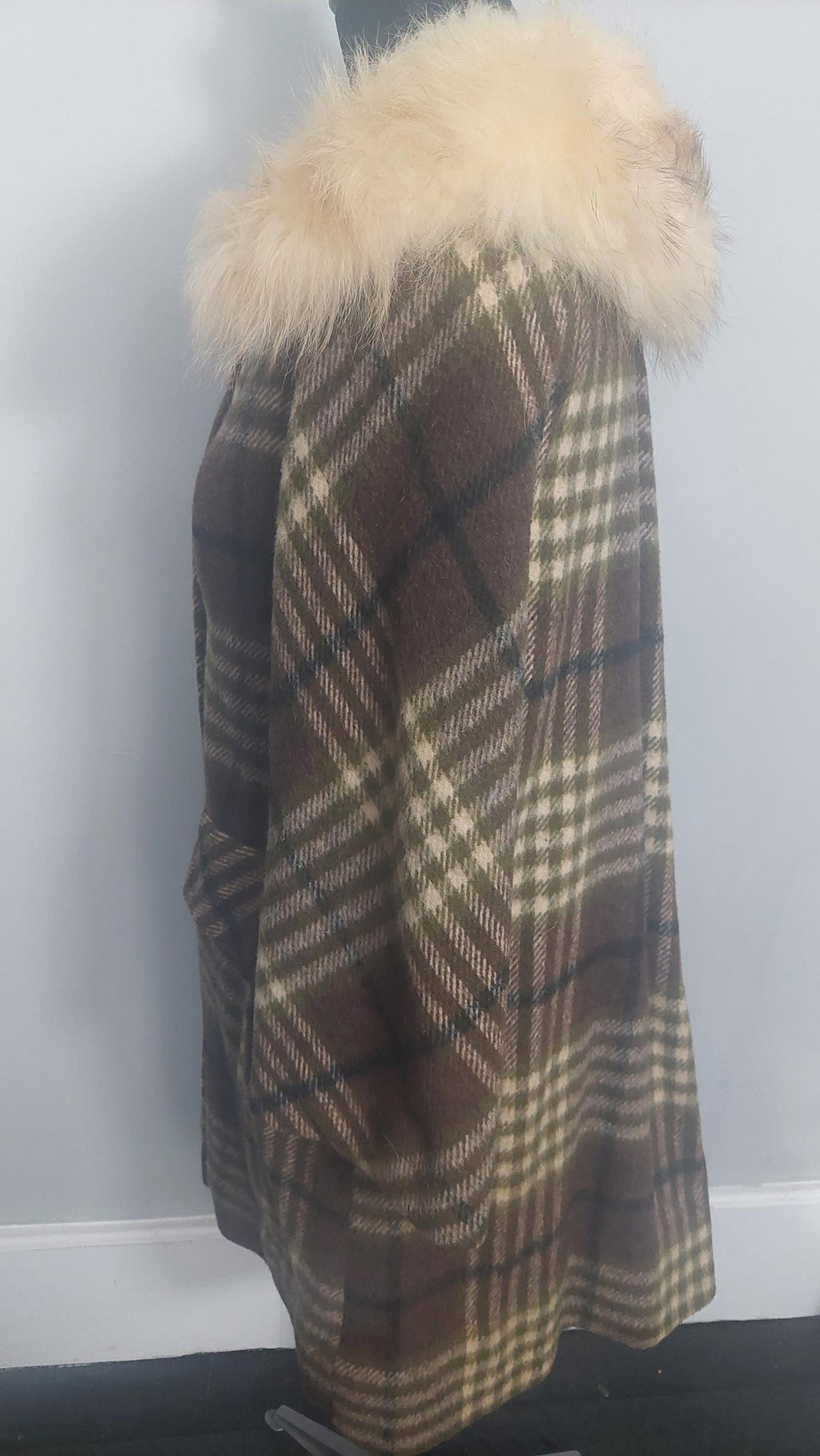 1970s Faux Fur Collar Wool Gingham Print PlaidWinter Coat