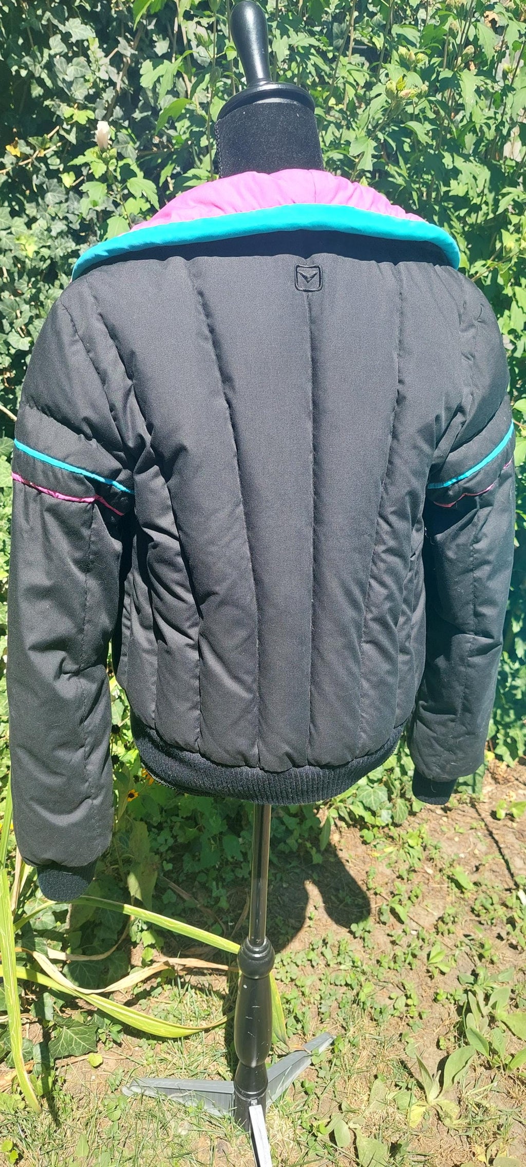 Vintage 1980s Obermeyer Black Teal & Pink Striped Puffy Carrie Style Ski Jacket