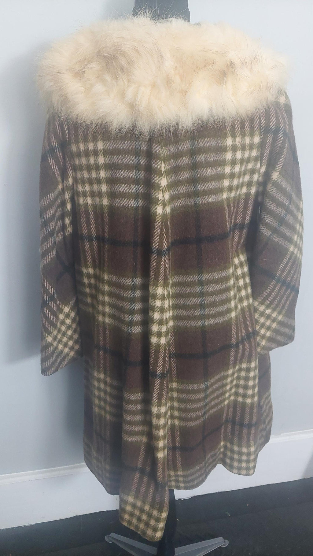 1970s Faux Fur Collar Wool Gingham Print PlaidWinter Coat