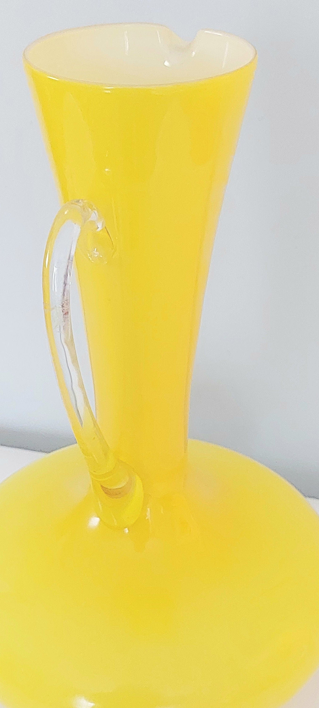 Vintage Mid-Century Yellow Cased Art Glass Pitcher Vase with Clear Glass Handle