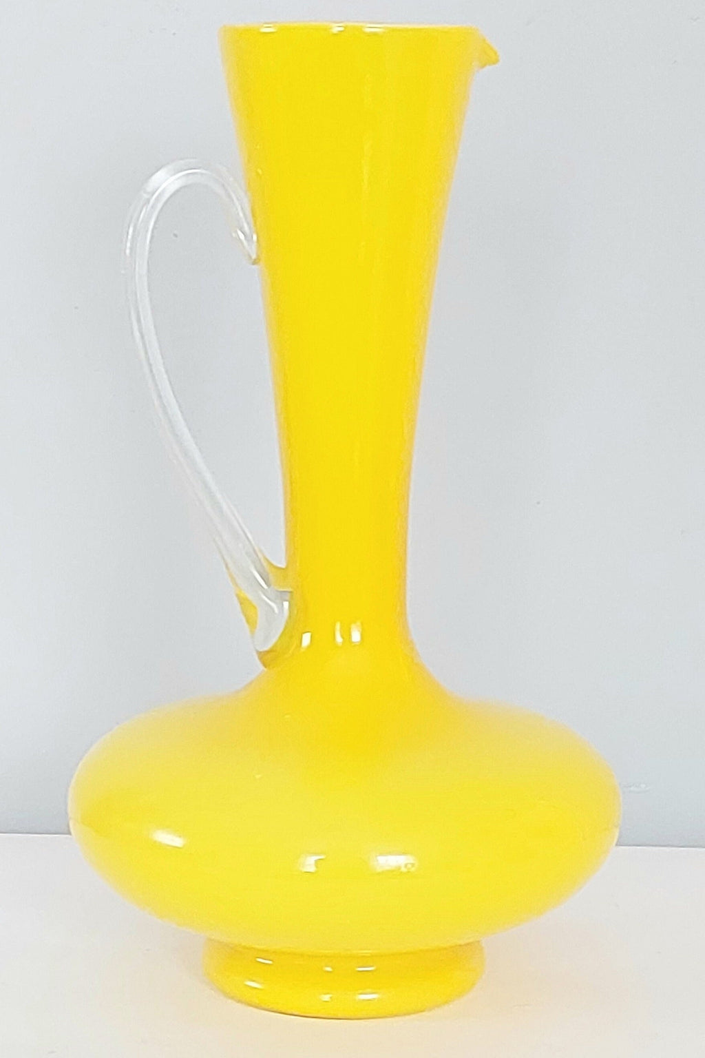 Vintage Mid-Century Yellow Cased Art Glass Pitcher Vase with Clear Glass Handle