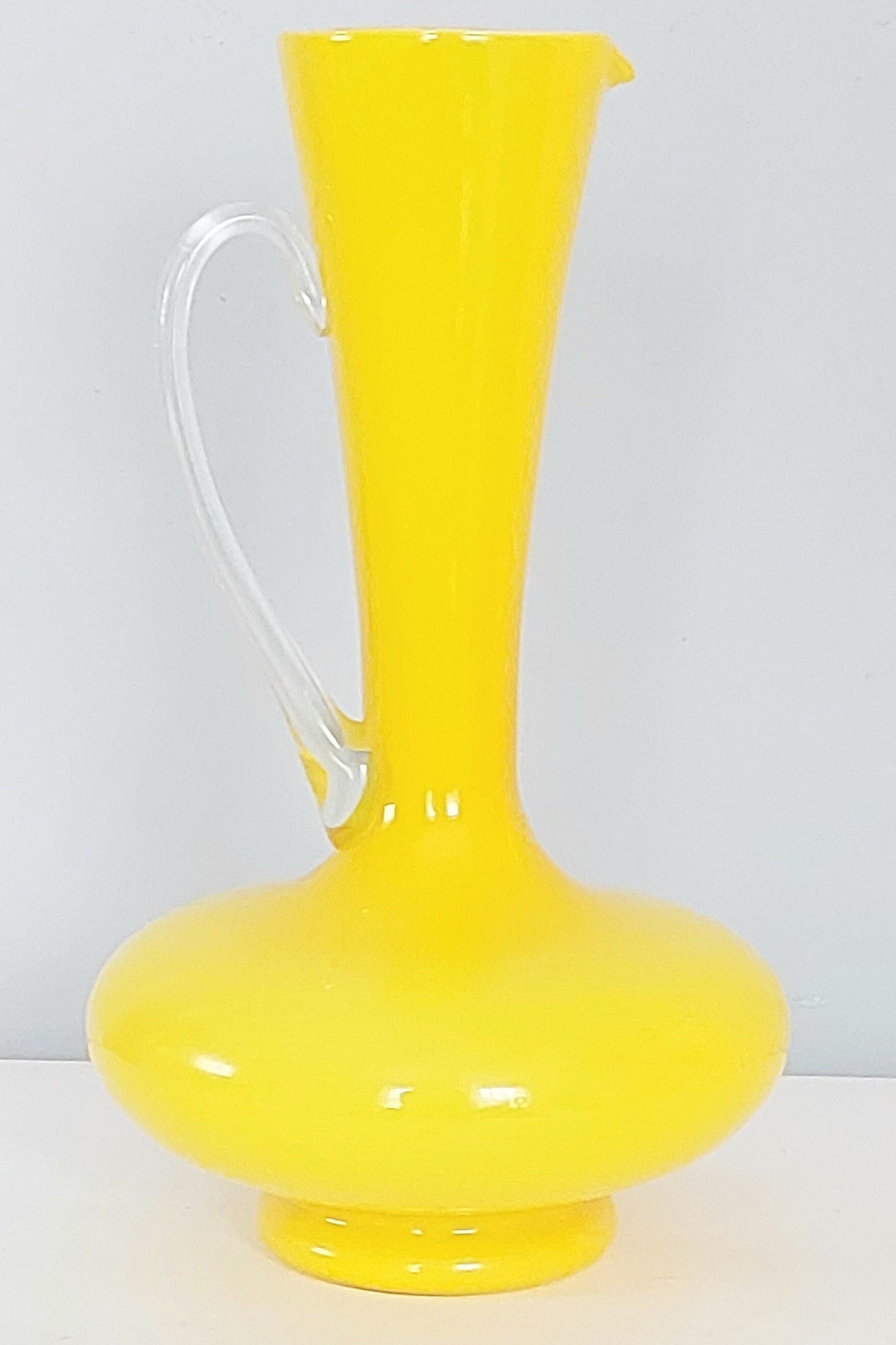 Vintage Mid-Century Yellow Cased Art Glass Pitcher Vase with Clear Glass Handle