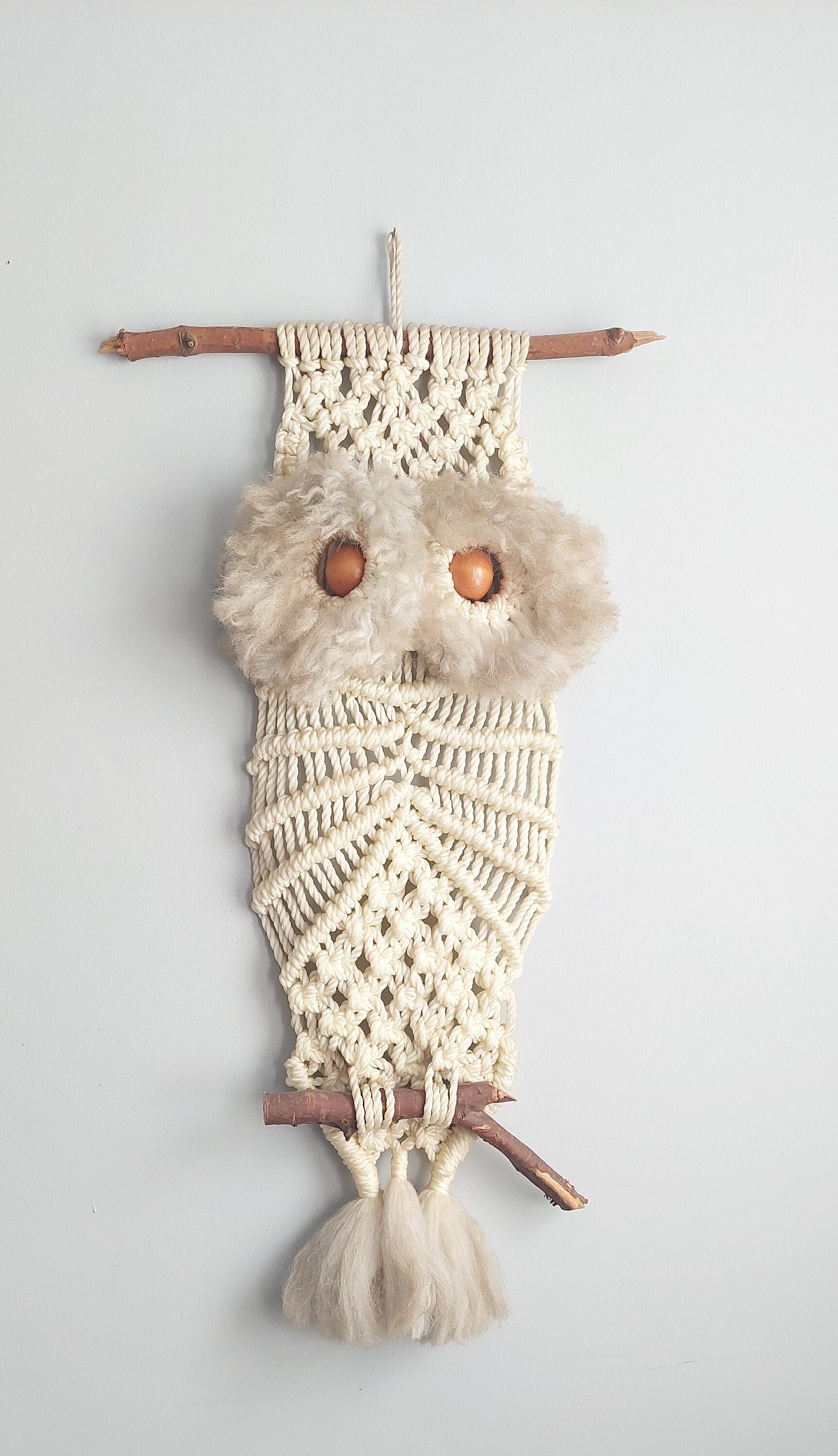 Vintage Handmade Macrame Owl Wall Hanging MCM MId-century Home Decor 1960s Boho Large