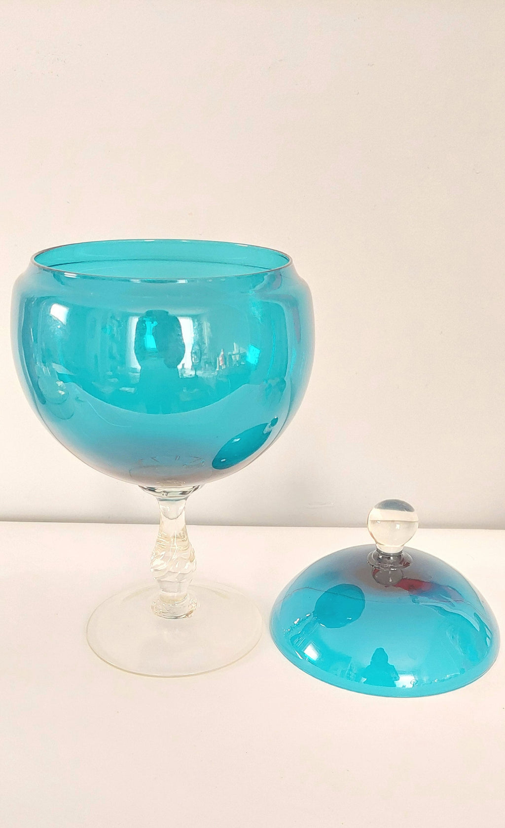 Vintage Mid-Century Empoli? Turquoise Italian Lidded Pedestal Glass Mod Apothecary Candy Jar