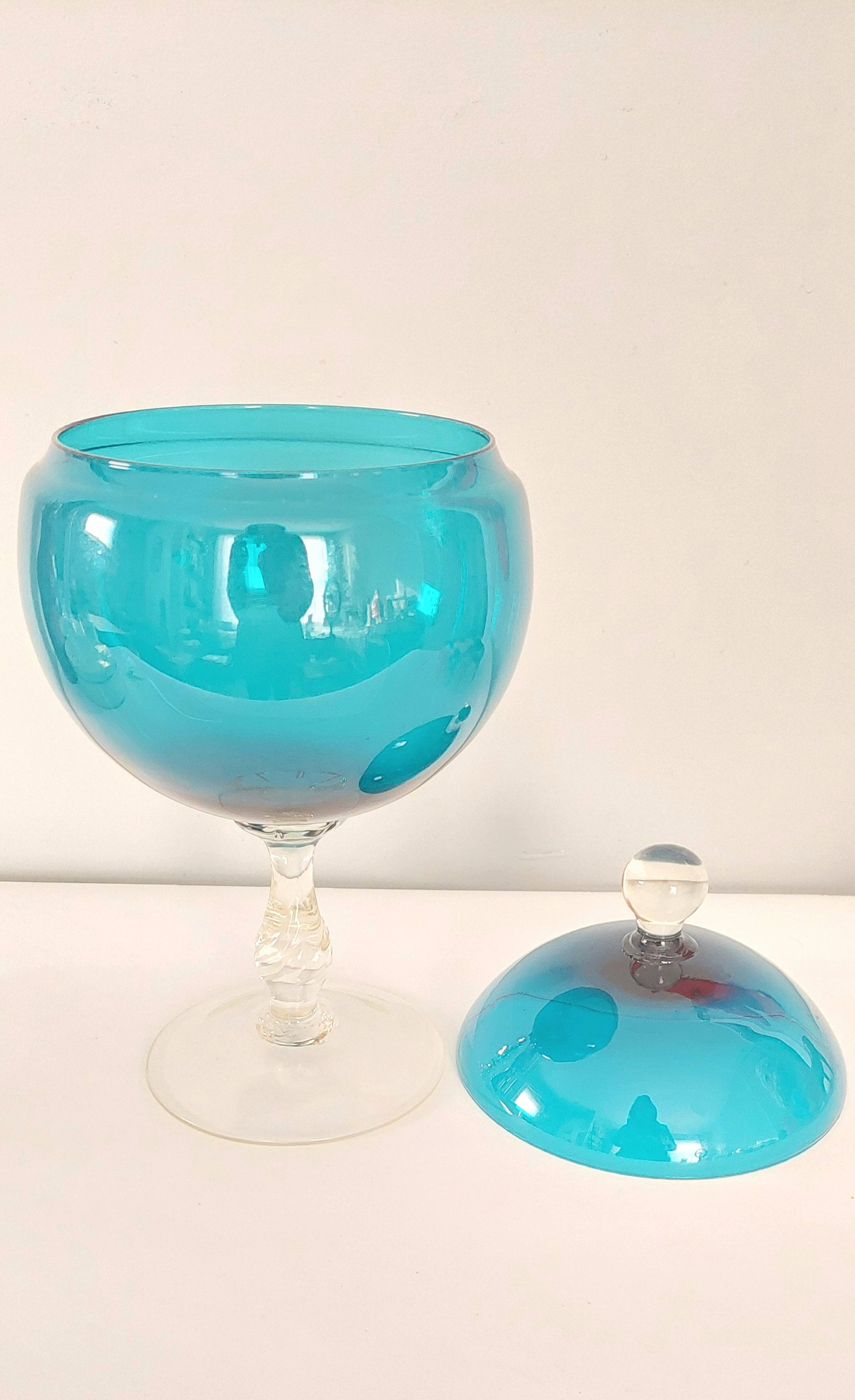 Vintage Mid-Century Empoli? Turquoise Italian Lidded Pedestal Glass Mod Apothecary Candy Jar