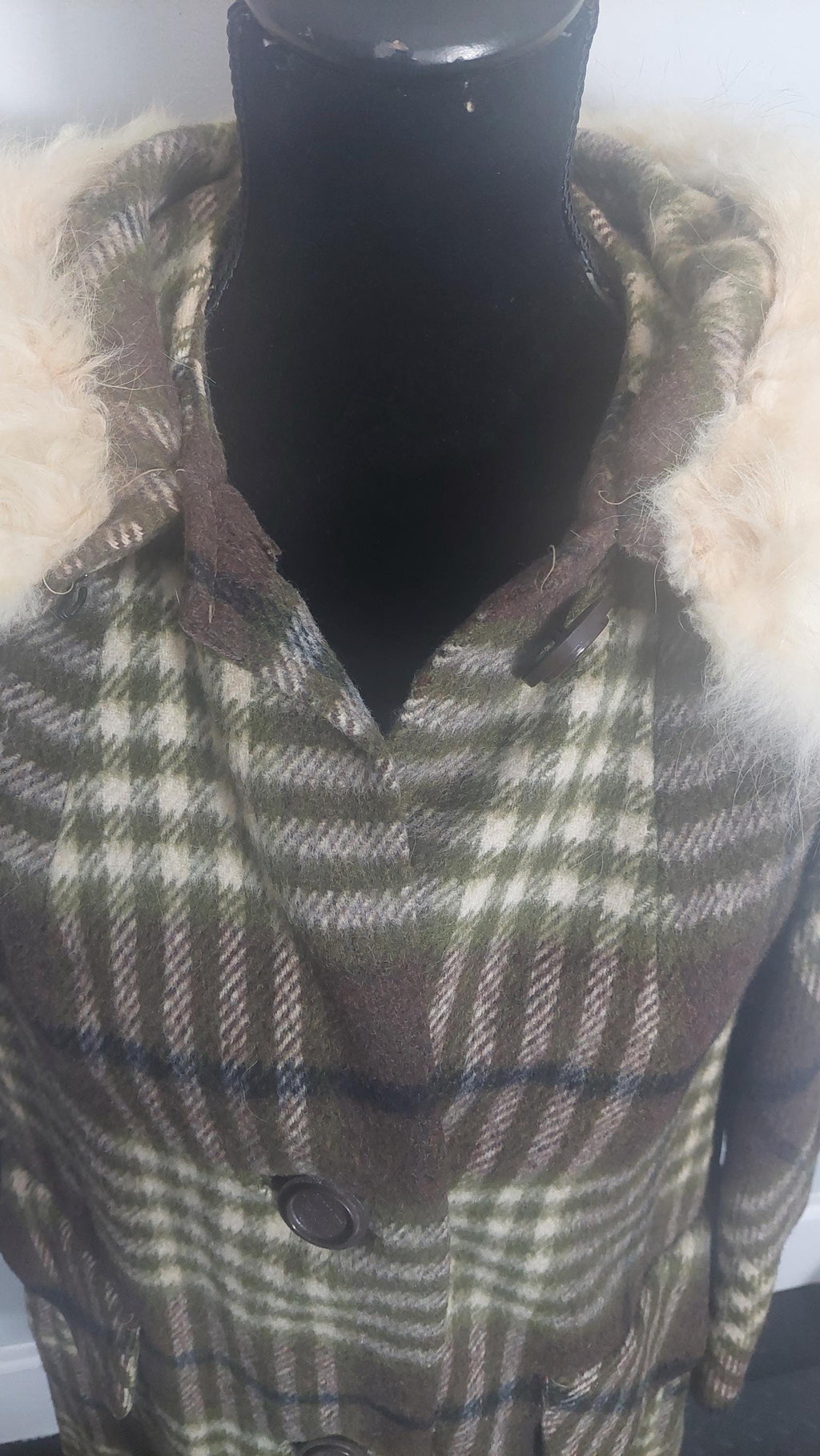 1970s Faux Fur Collar Wool Gingham Print PlaidWinter Coat