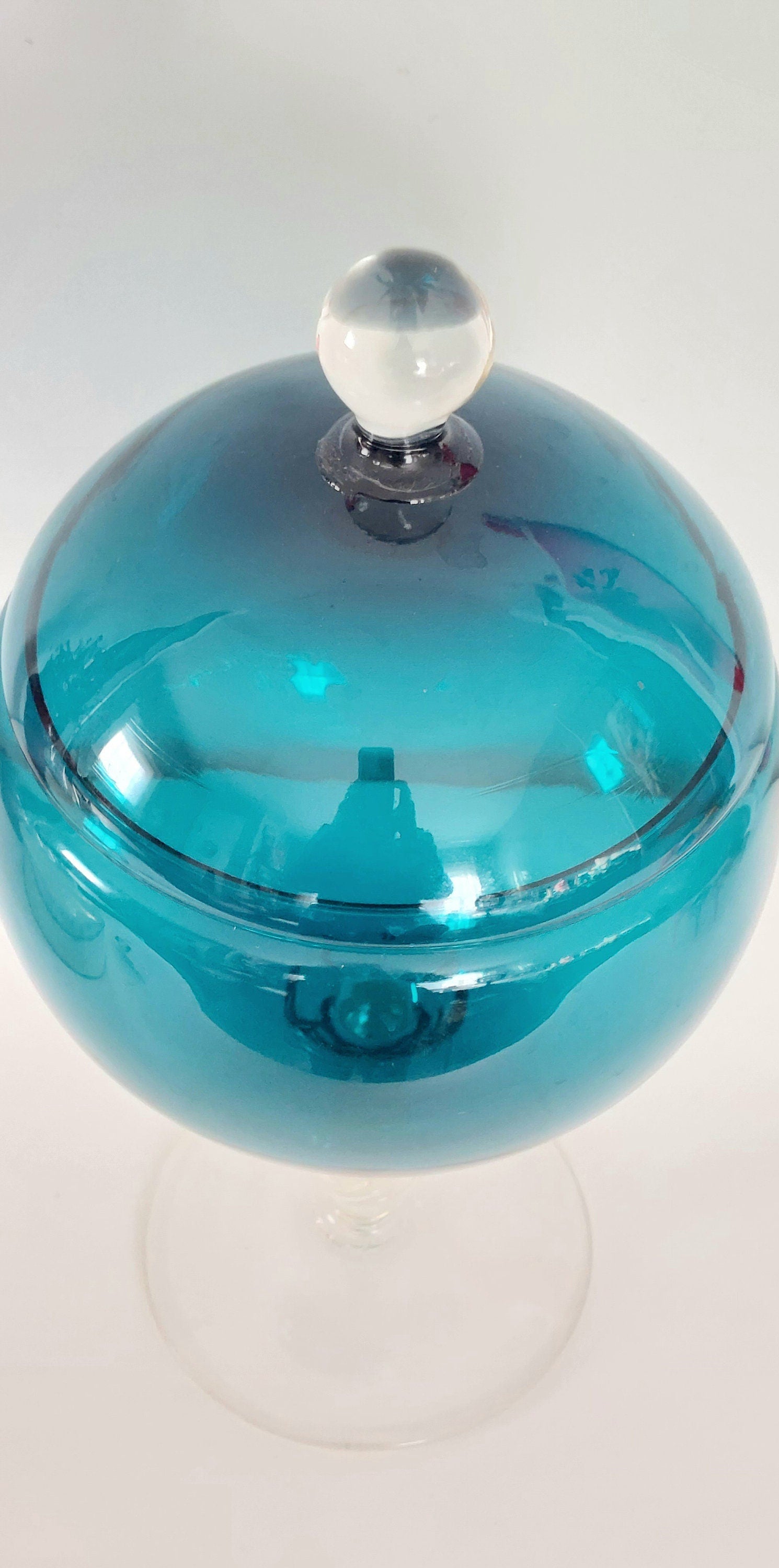Vintage Mid-Century Empoli? Turquoise Italian Lidded Pedestal Glass Mod Apothecary Candy Jar