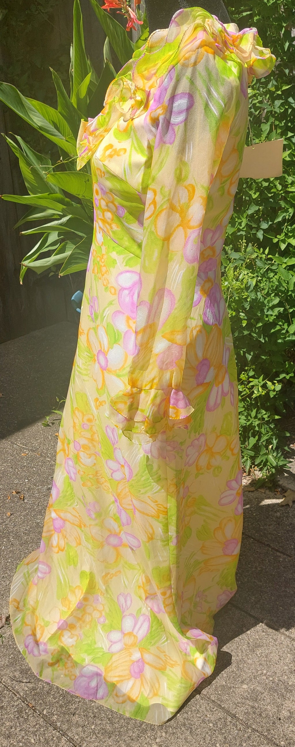 1960s Nylon Custom Made Ruffled Flower Power Floral Lined Maxi Dress
