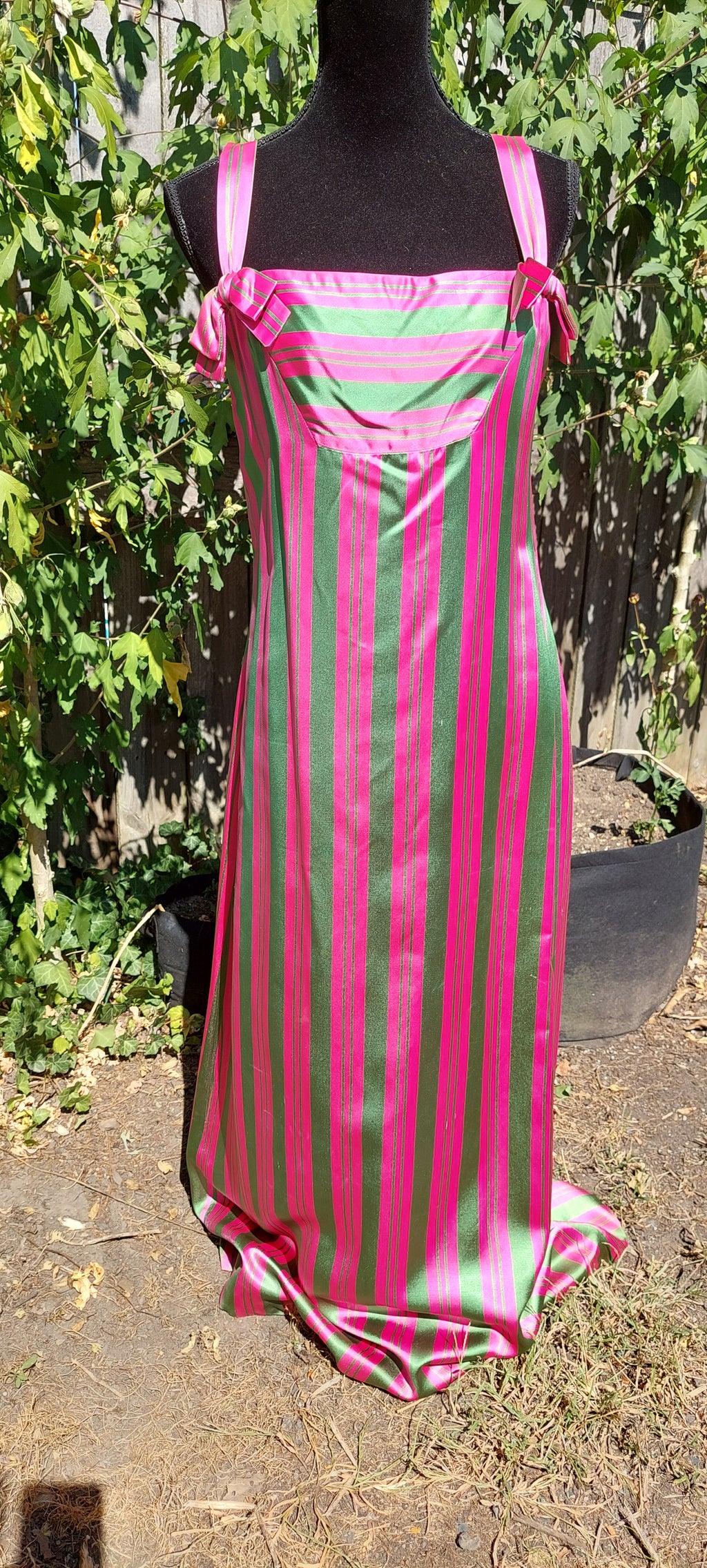 1960s Rappi Satin Watermelon Striped 2-Piece Sleeveless Maxi Gown & Coat