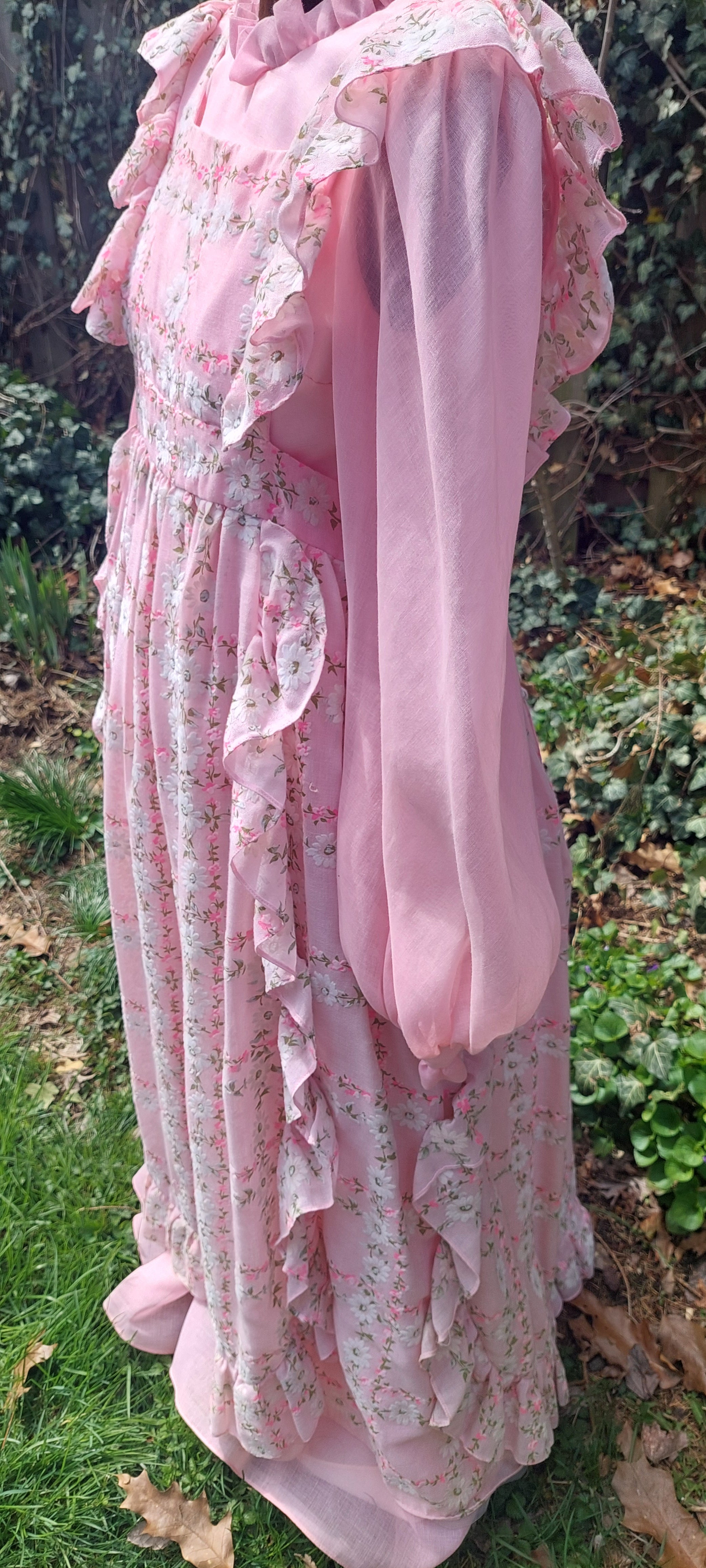 1970s Emma Domb Prairie Dress:2-Piece Pink Boho Maxi Gown with Ruffled Pinafore