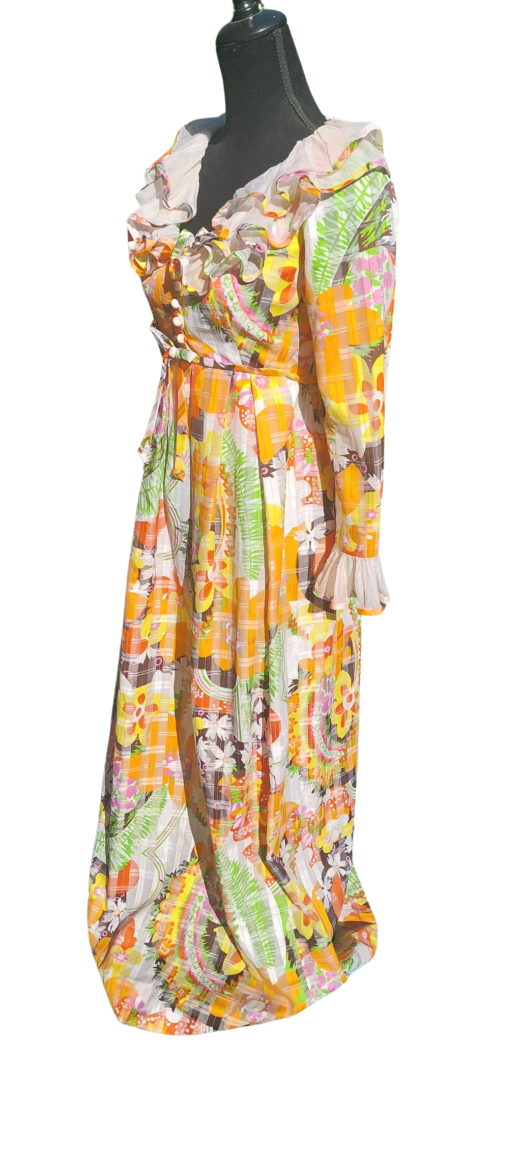 Vintage 1960s Psychedelic Flower Power Helen Rose Ruffled Bright Floral Couture