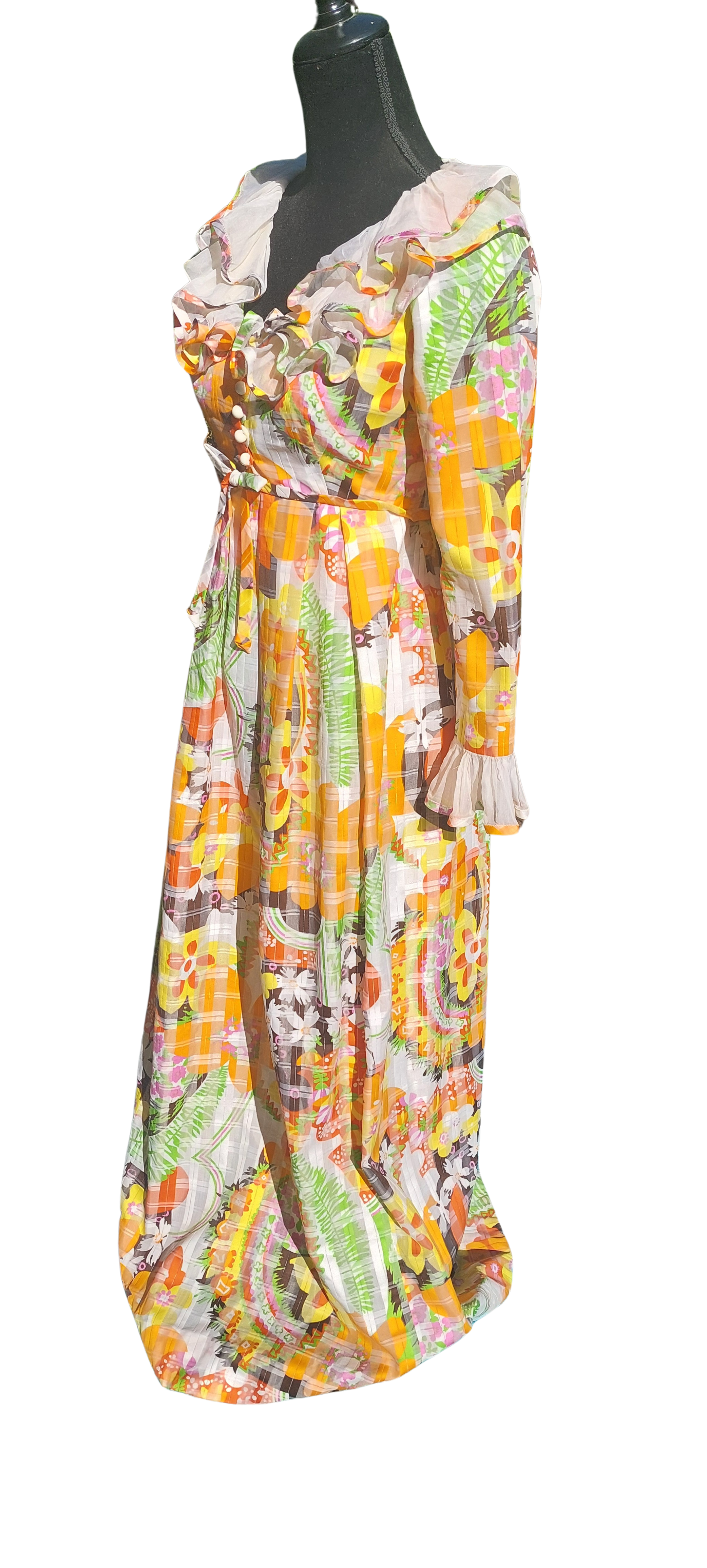 Vintage 1960s Psychedelic Flower Power Helen Rose Ruffled Bright Floral Couture