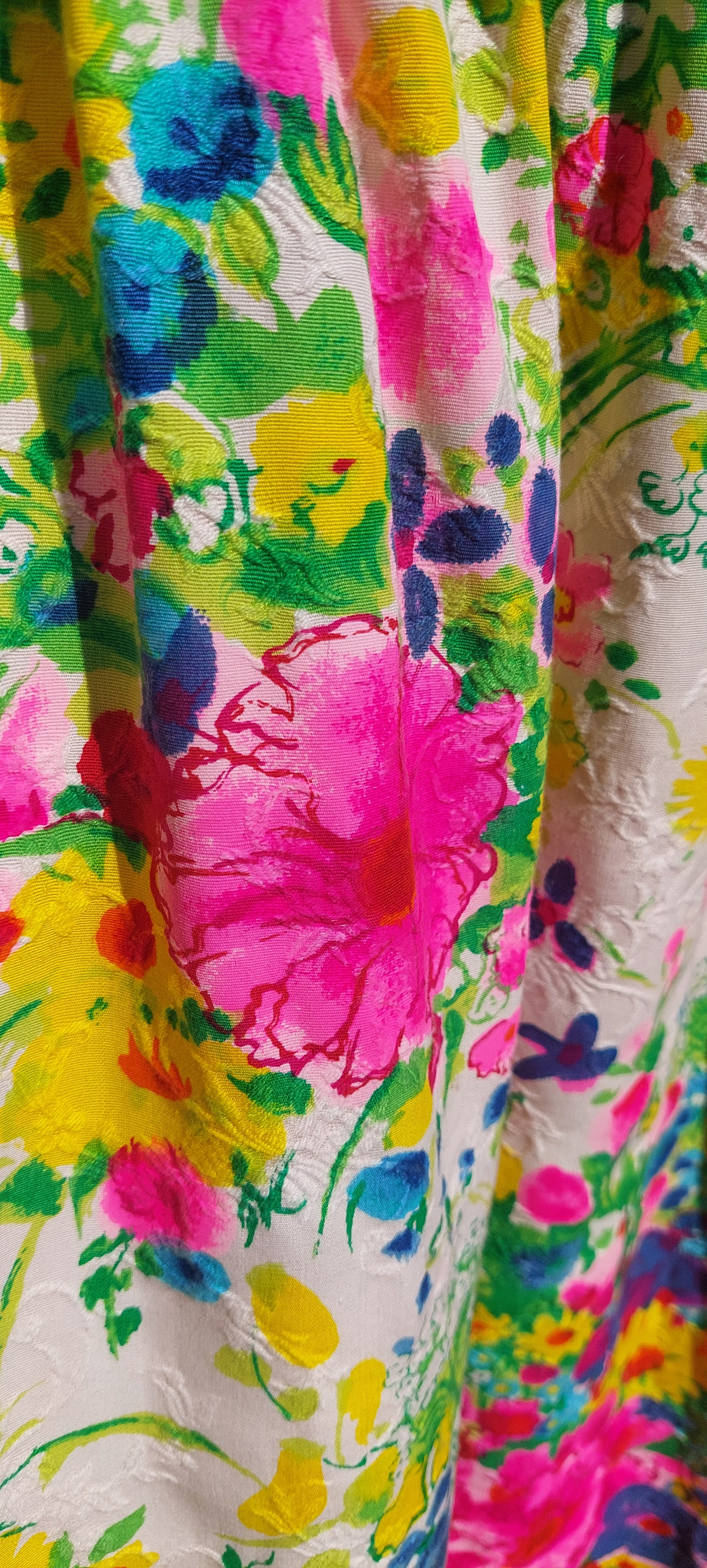 1960s Dayglo Brocade Barkcloth Flower Power Puff Sleeve Floral Maxi Dress Gown