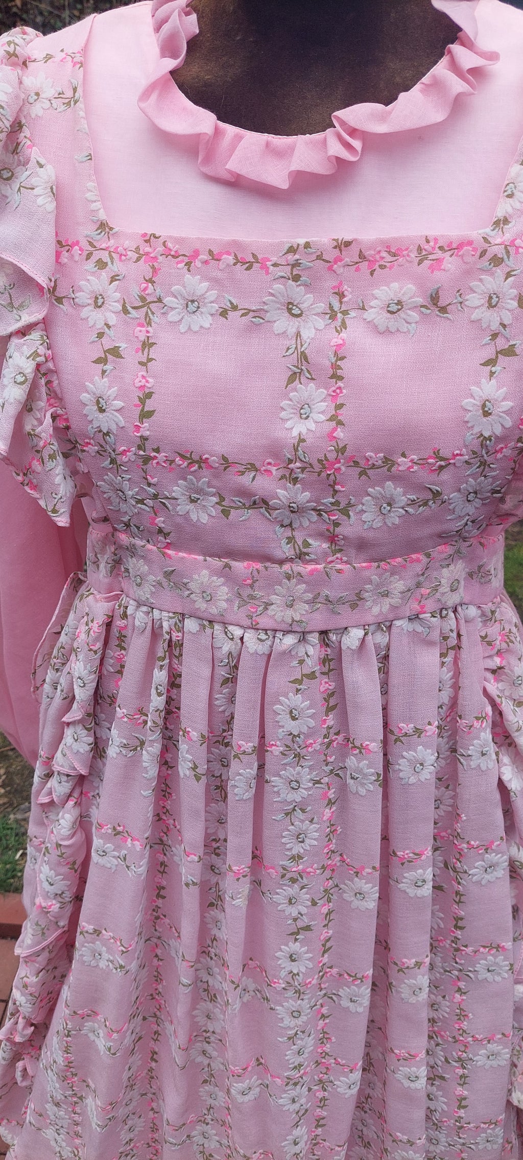 1970s Emma Domb Prairie Dress:2-Piece Pink Boho Maxi Gown with Ruffled Pinafore