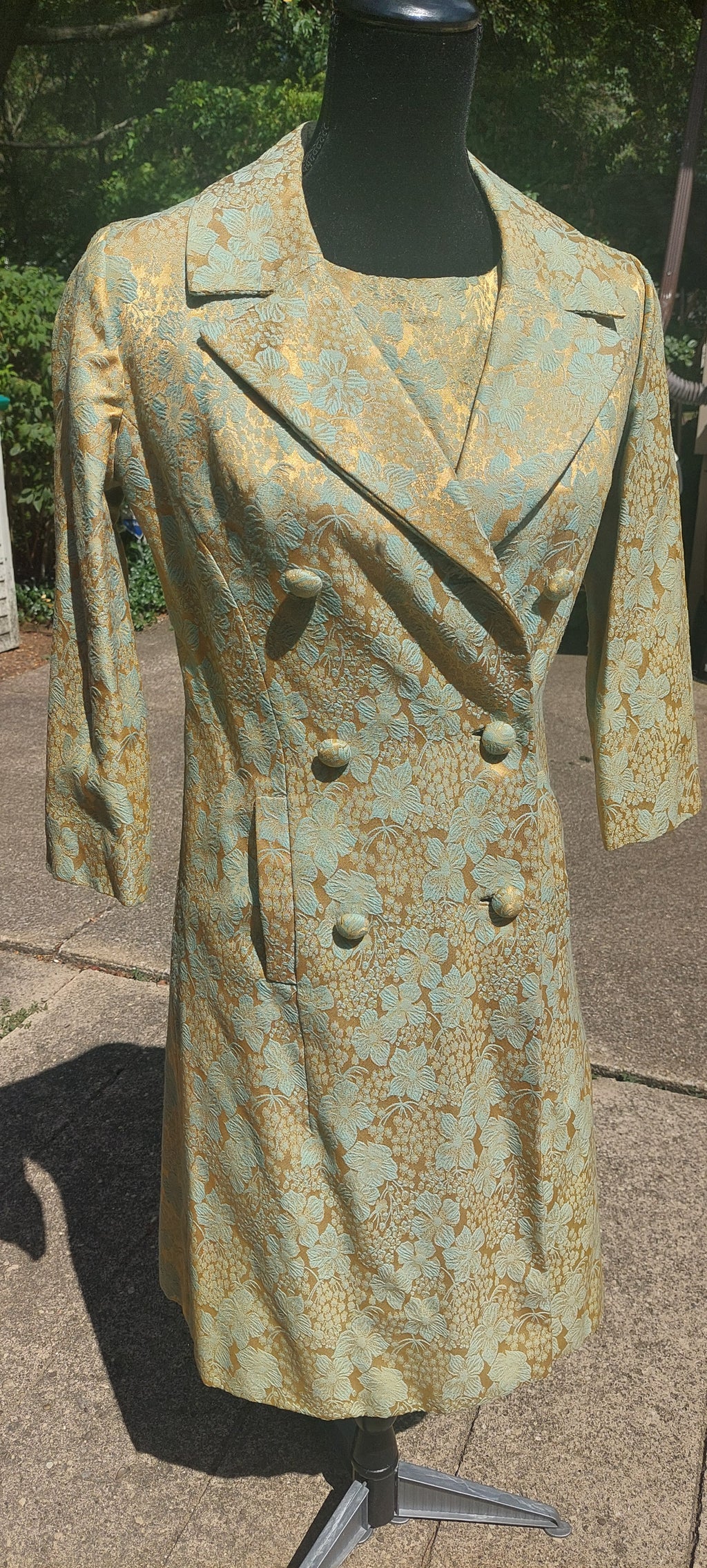 1960s Leslie Fay Turquoise & Gold Brocade Shift Dress and Jacket Set