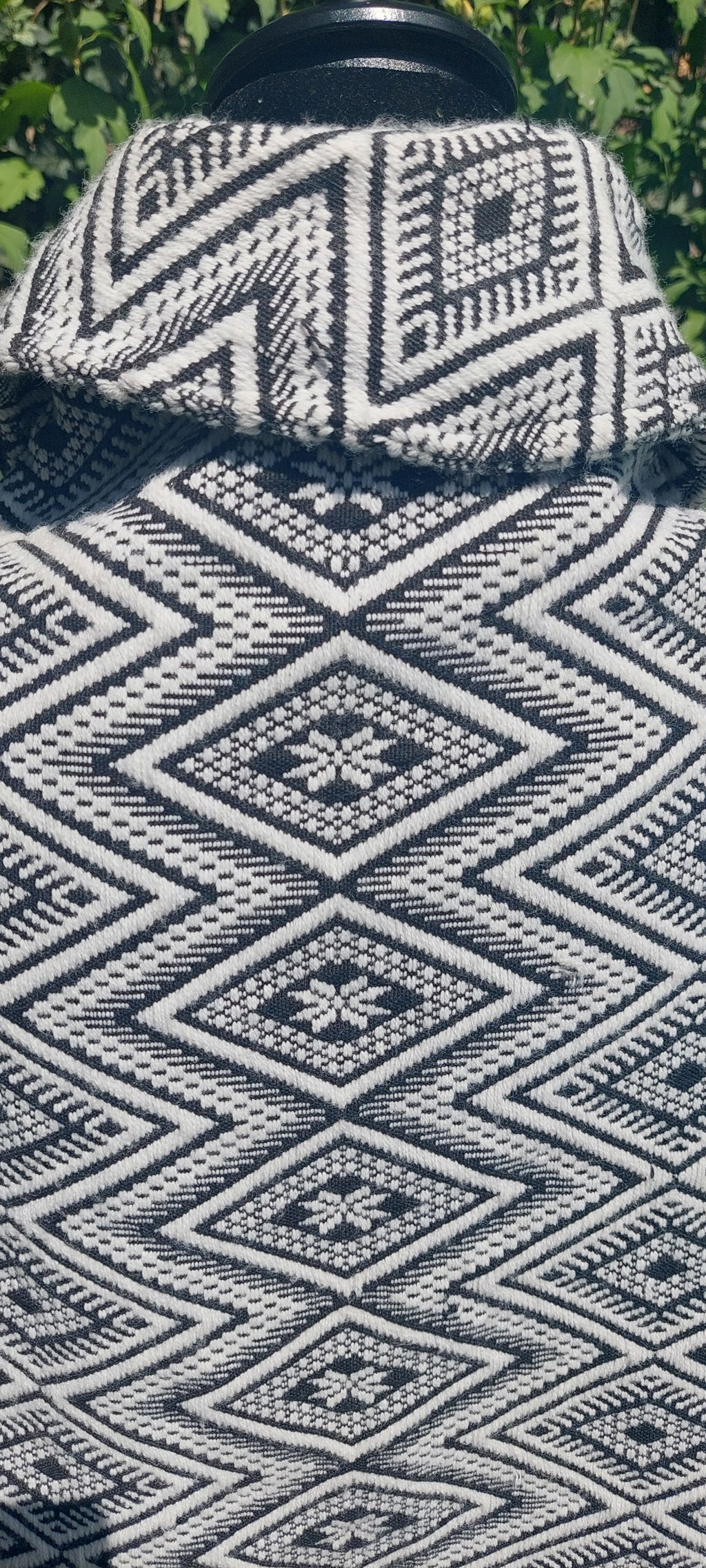 1970s Guatemalan Cotton Poncho: Black & White Boho Woven Bamboo