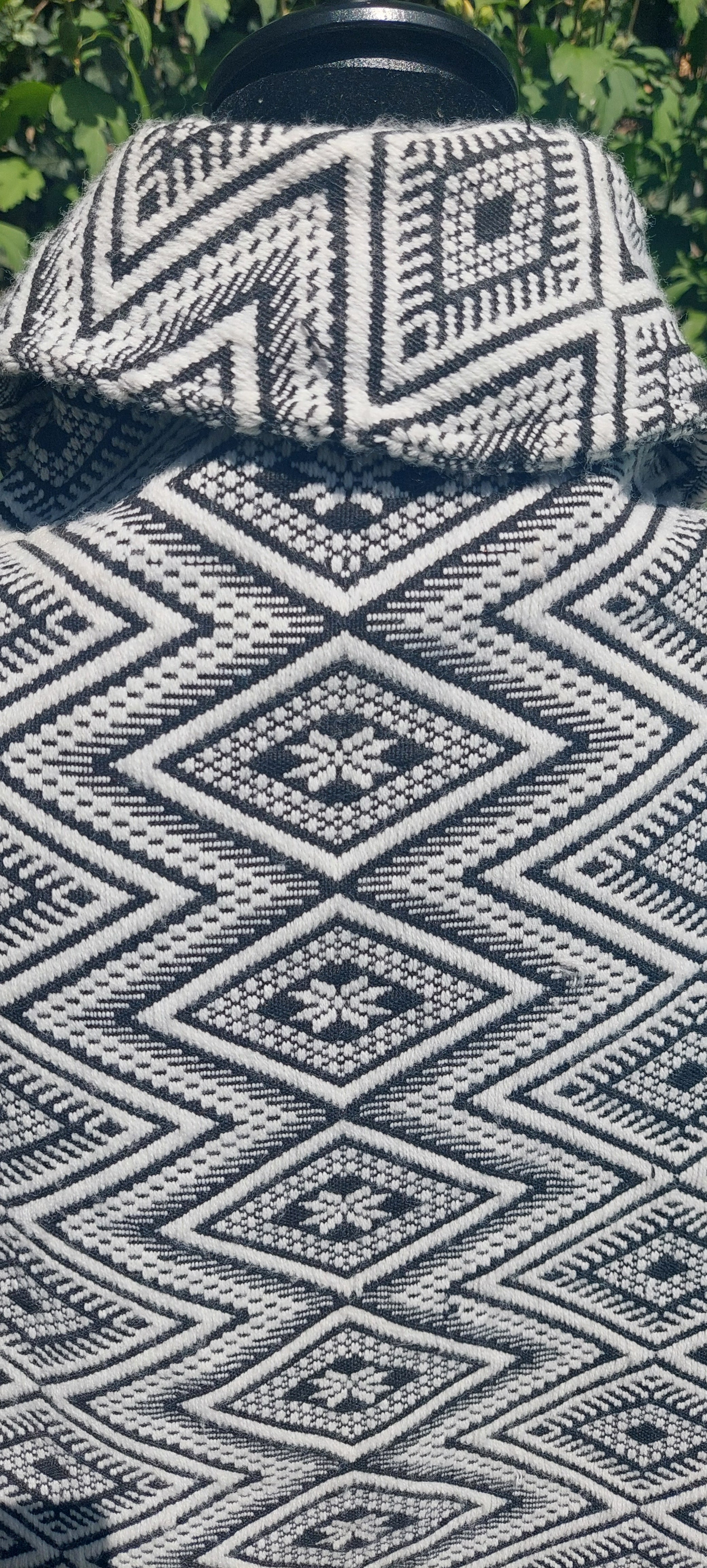 1970s Guatemalan Cotton Poncho: Black & White Boho Woven Bamboo