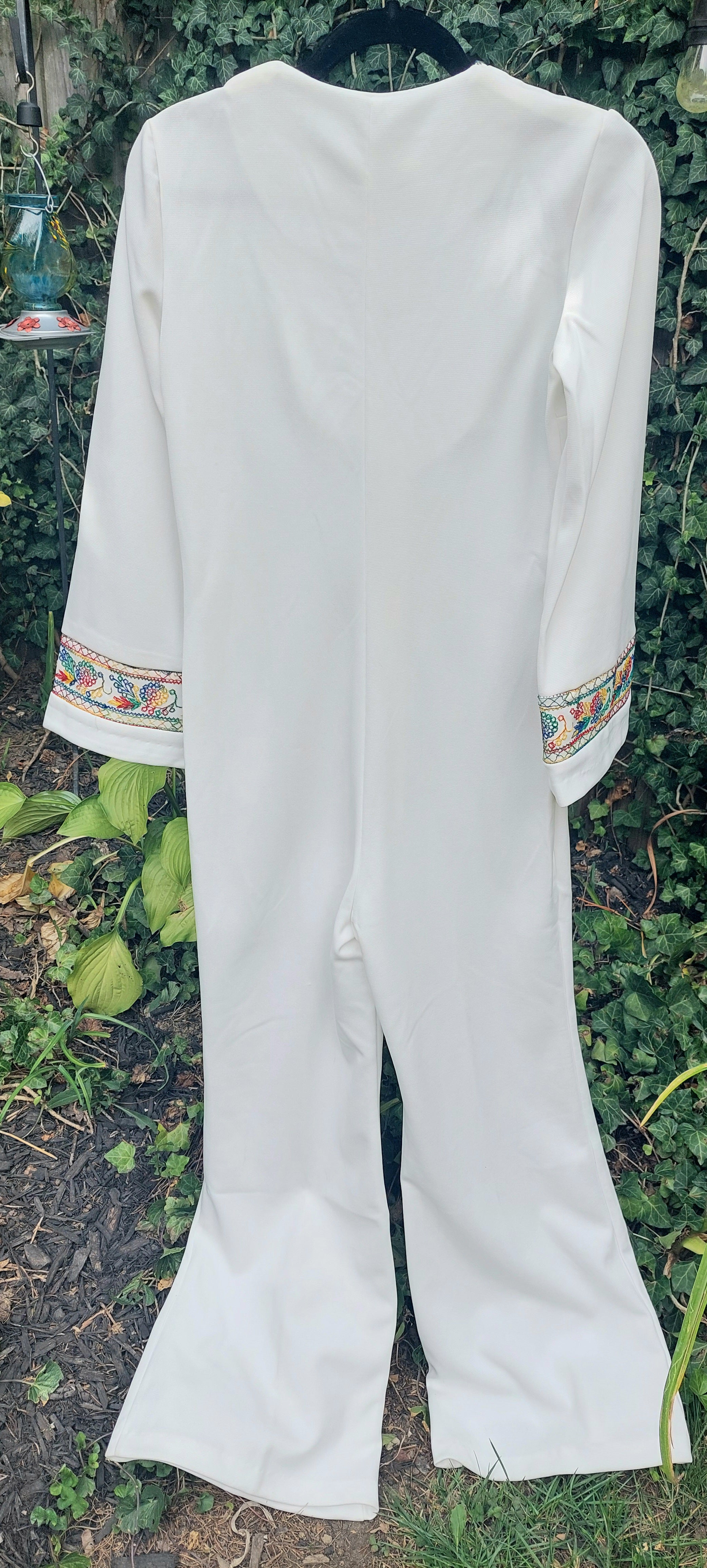 Vintage 1970s Colorful Embroidered Polyester Bellbottom Bell Sleeved Jumpsuit