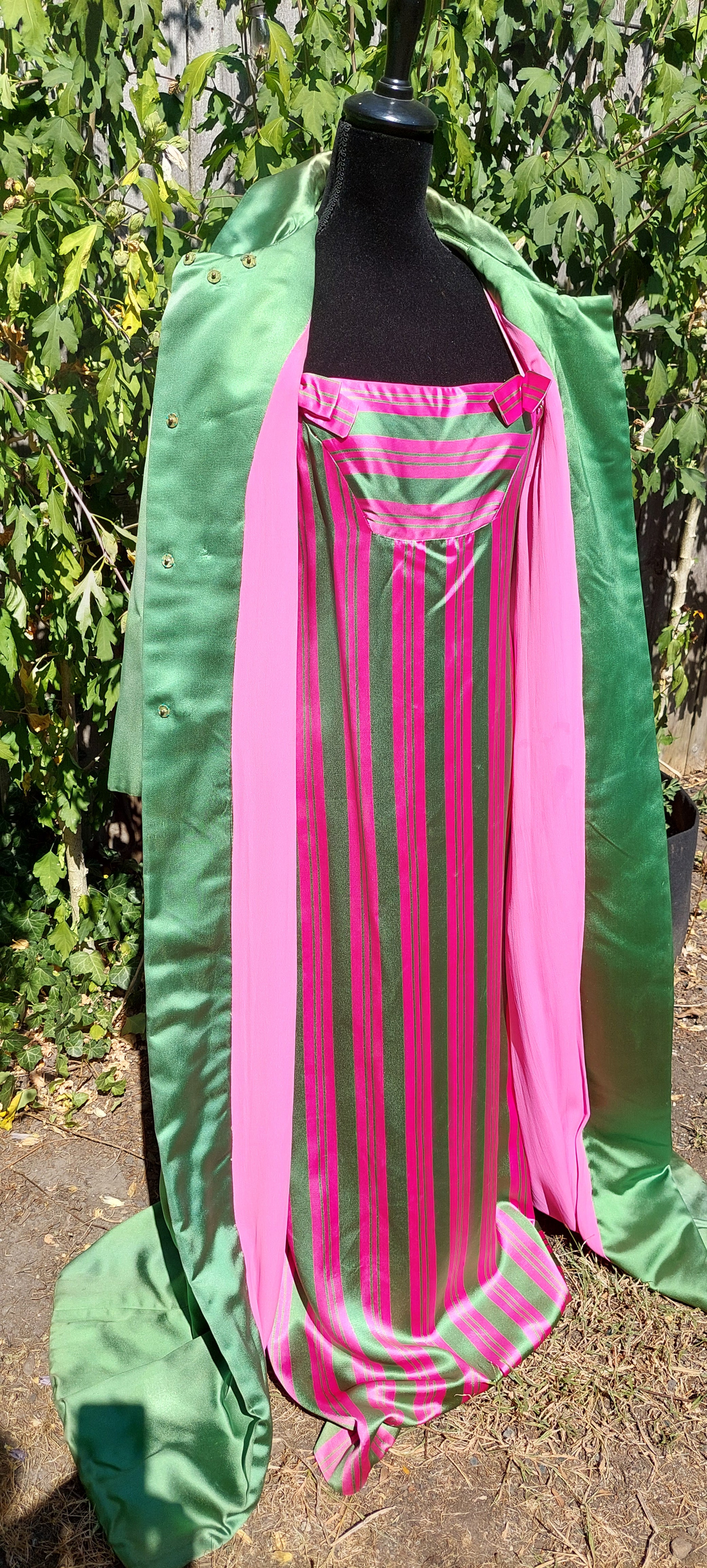 1960s Rappi Satin Watermelon Striped 2-Piece Sleeveless Maxi Gown & Coat