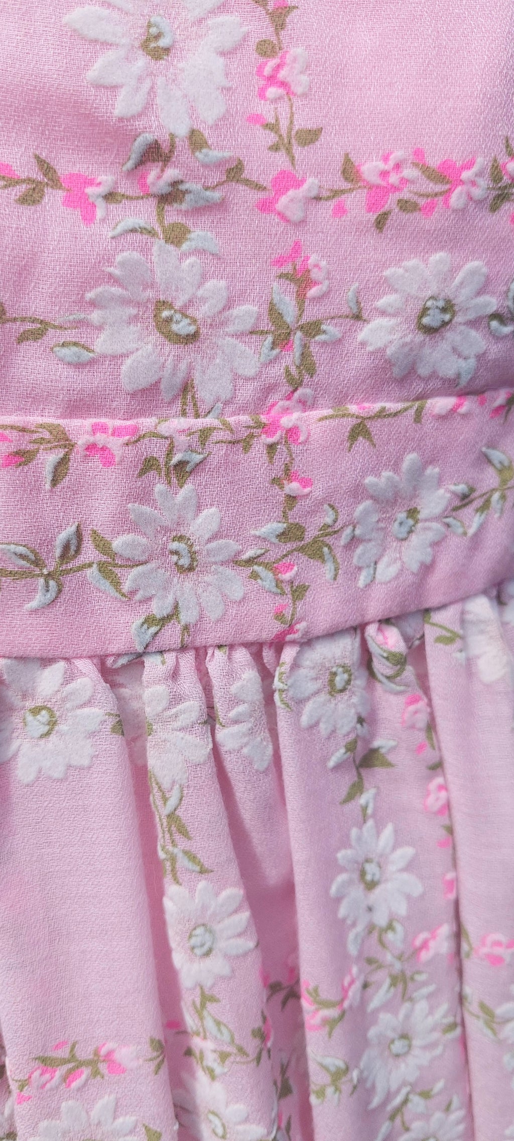 1970s Emma Domb Prairie Dress:2-Piece Pink Boho Maxi Gown with Ruffled Pinafore