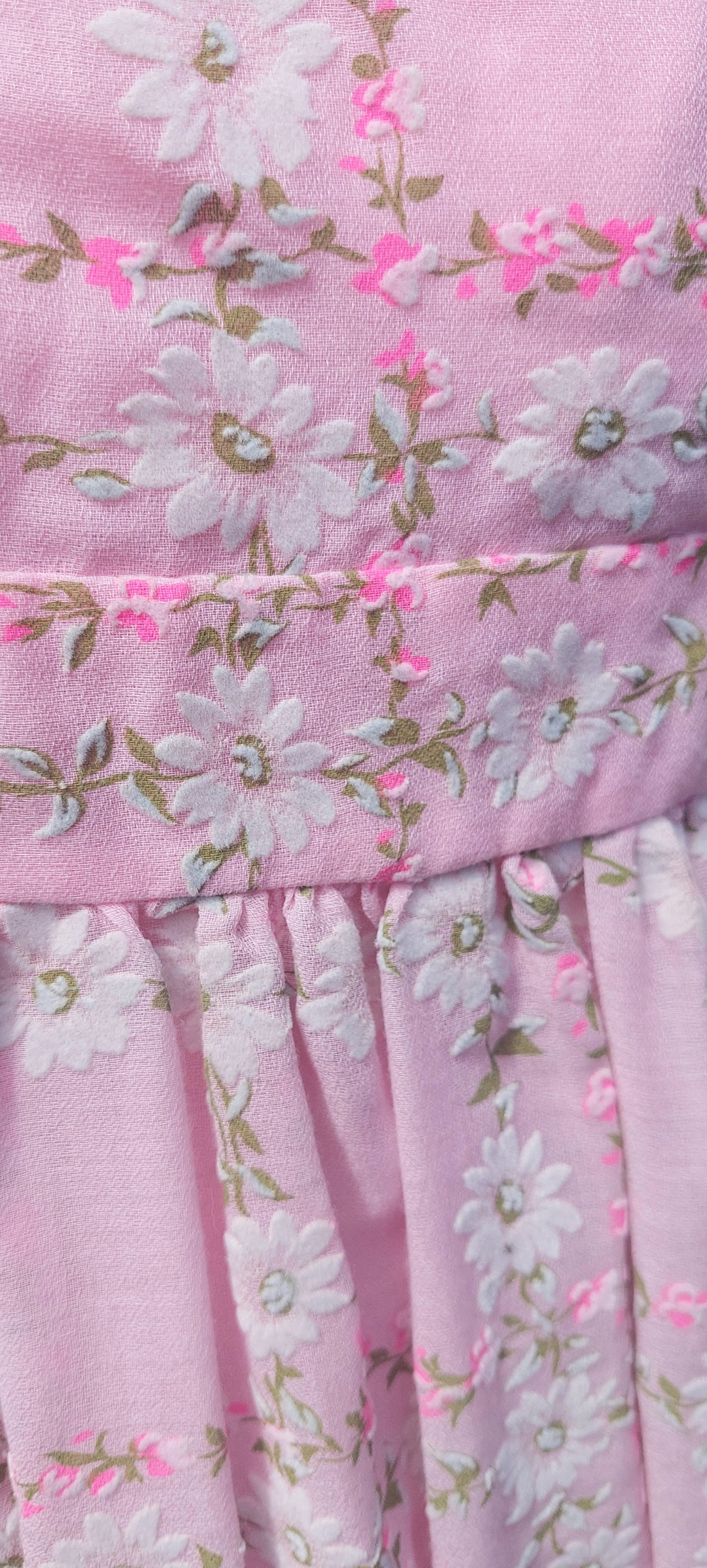 1970s Emma Domb Prairie Dress:2-Piece Pink Boho Maxi Gown with Ruffled Pinafore