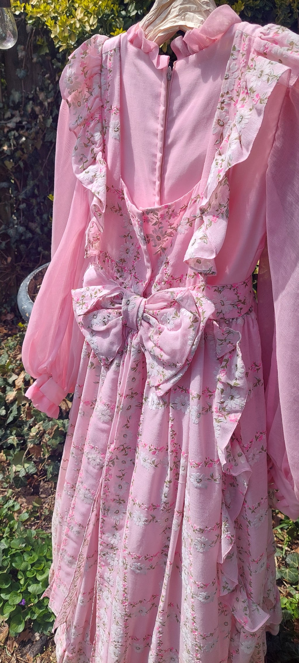 1970s Emma Domb Prairie Dress:2-Piece Pink Boho Maxi Gown with Ruffled Pinafore