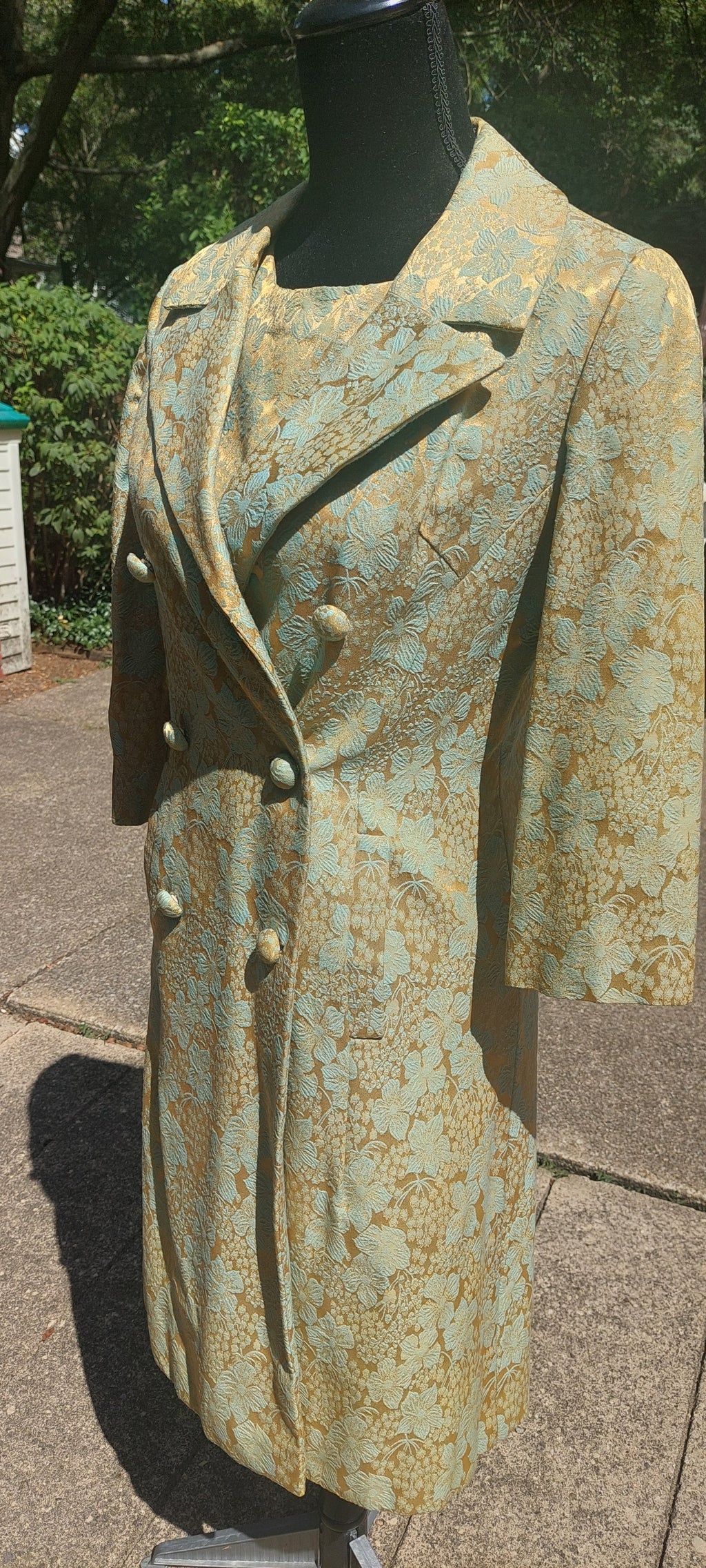 1960s Leslie Fay Turquoise & Gold Brocade Shift Dress and Jacket Set