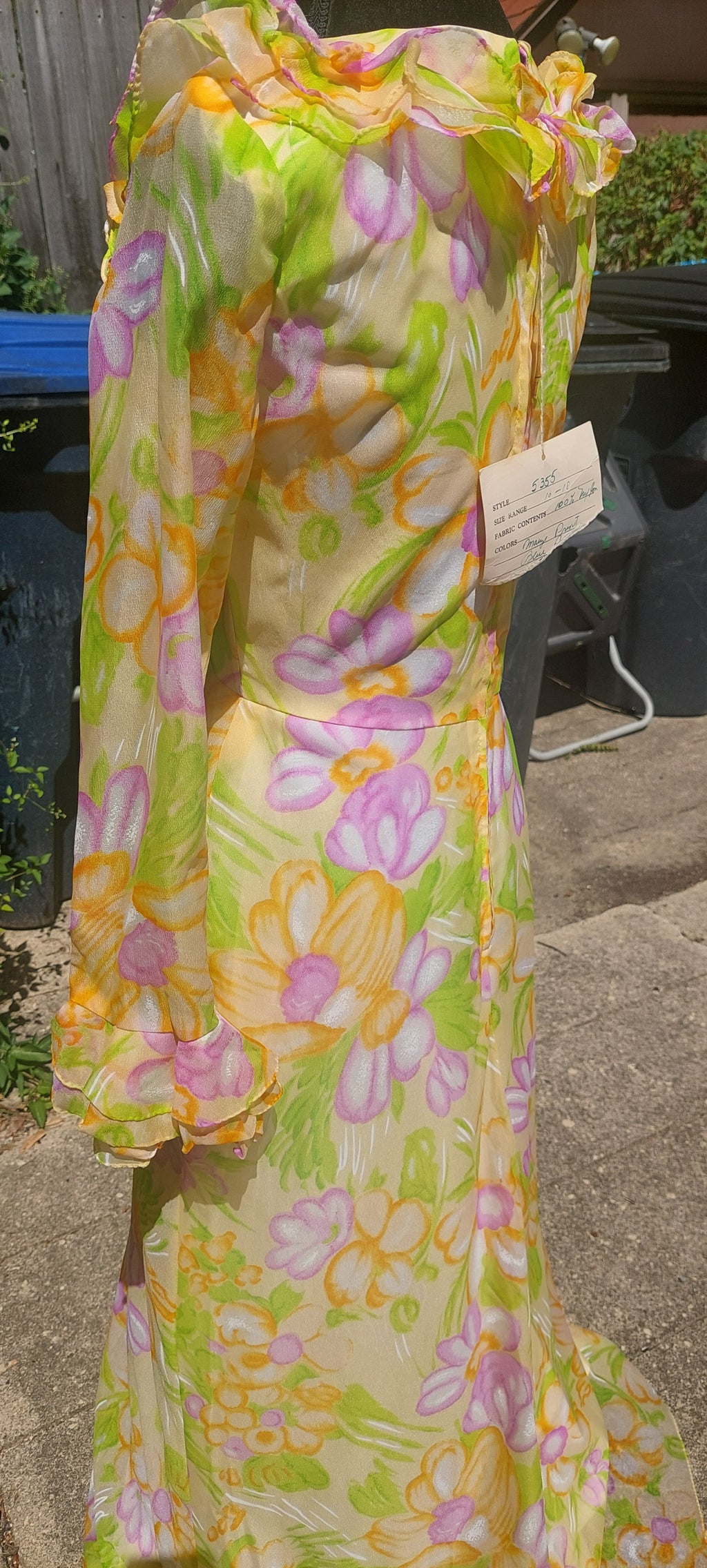 1960s Nylon Custom Made Ruffled Flower Power Floral Lined Maxi Dress