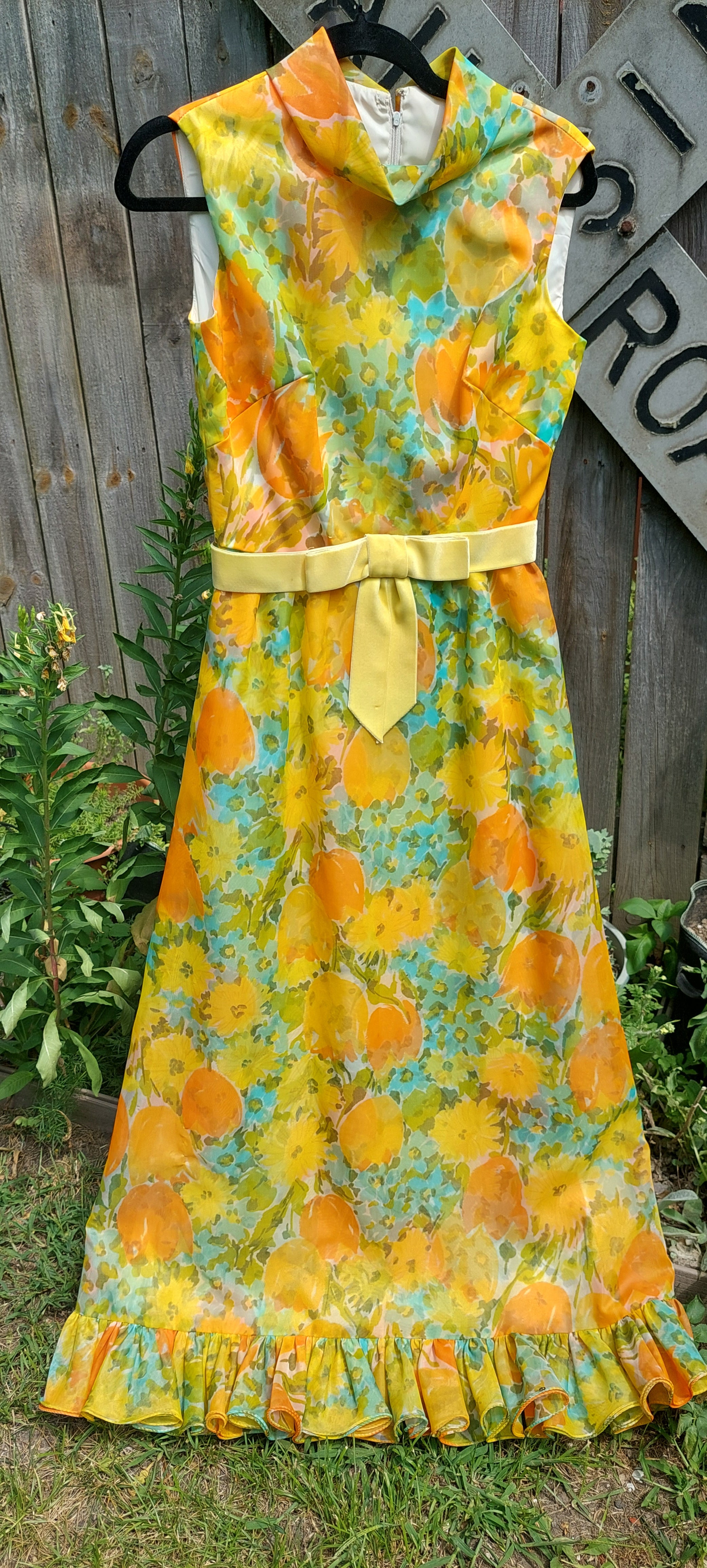 1960s Double Chiffon Custom Made Flower Power Maxi Dress Gown