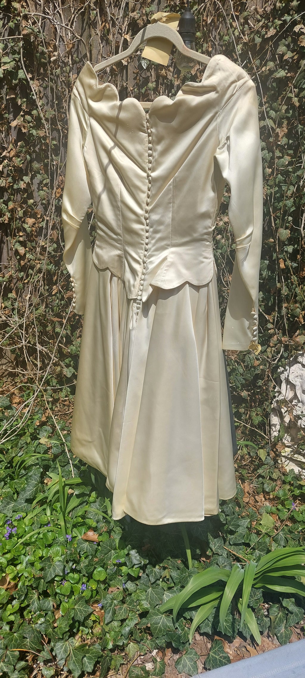 Vintage 1950s Cream Satin Wedding Dress: Fit and Flare, Long Sleeved