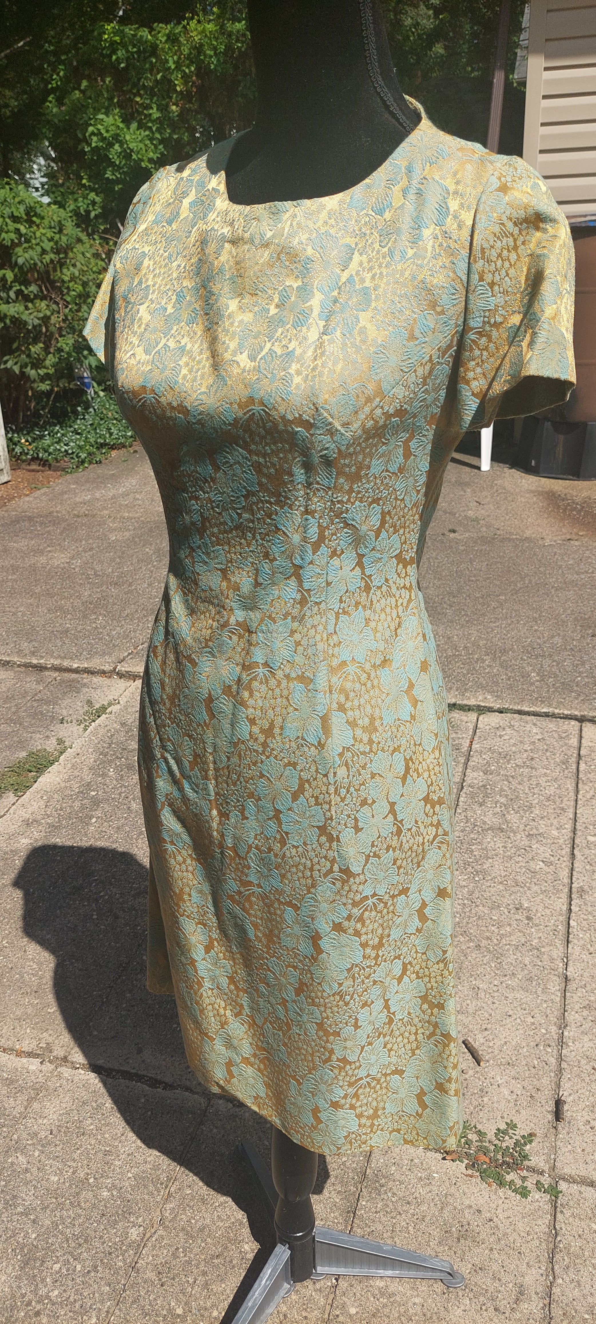 1960s Leslie Fay Turquoise & Gold Brocade Shift Dress and Jacket Set