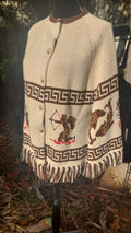 1970s Carol Brent Zodiac Astrology Montgomery Ward Acrylic Knit Fringe Cardigan Boho Poncho Sweater