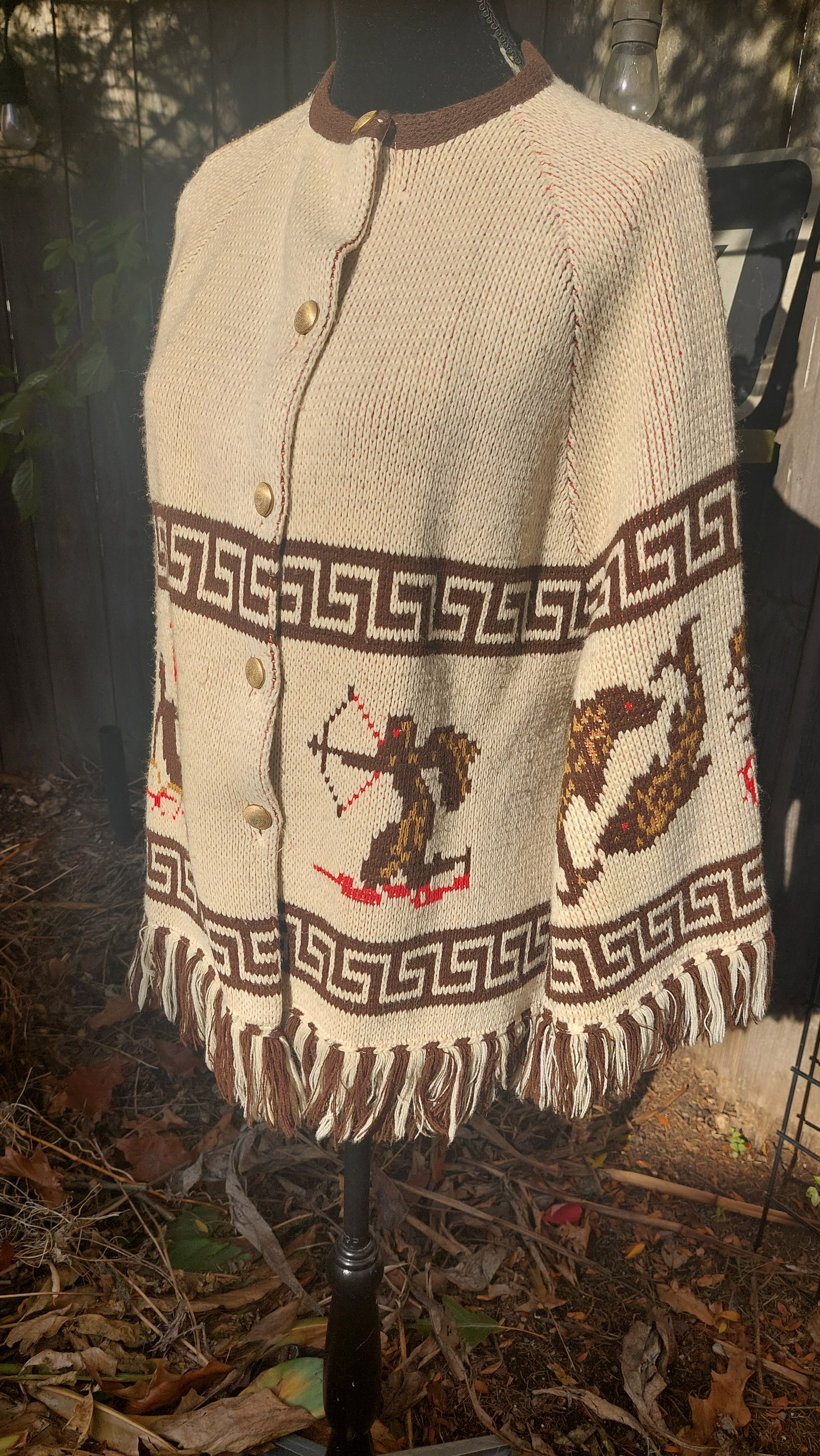 1970s Carol Brent Zodiac Astrology Montgomery Ward Acrylic Knit Fringe Cape Boho Poncho Sweater