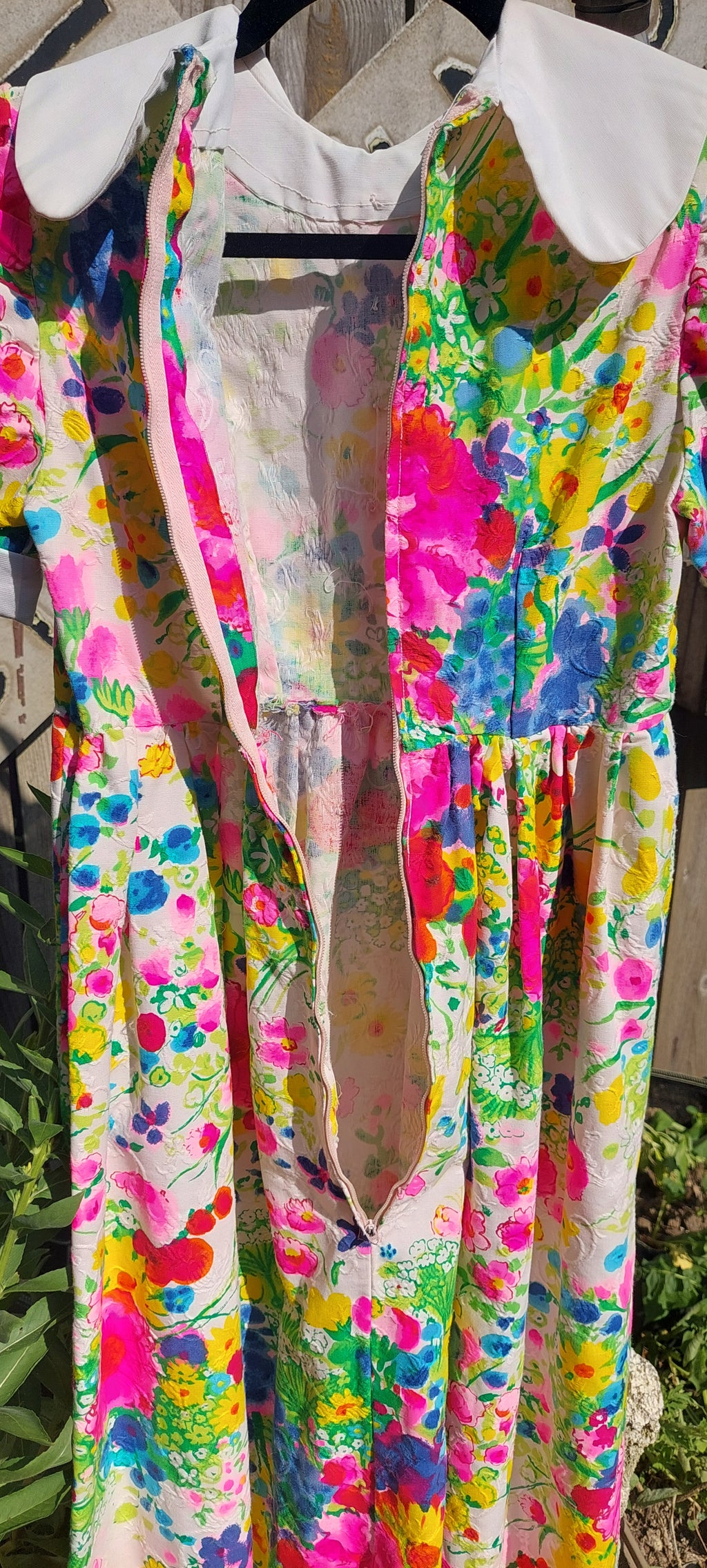 1960s Dayglo Brocade Barkcloth Flower Power Puff Sleeve Floral Maxi Dress Gown