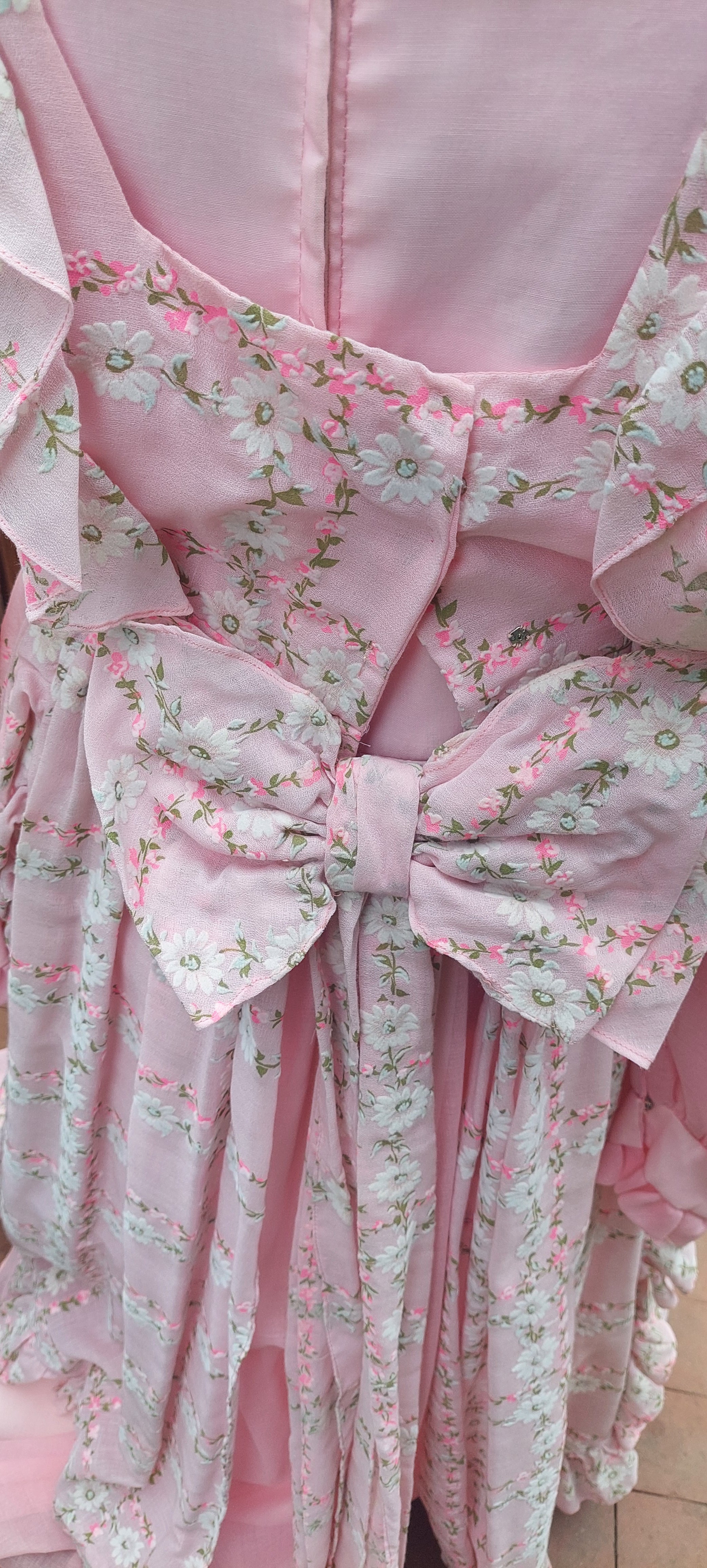 1970s Emma Domb Prairie Dress:2-Piece Pink Boho Maxi Gown with Ruffled Pinafore