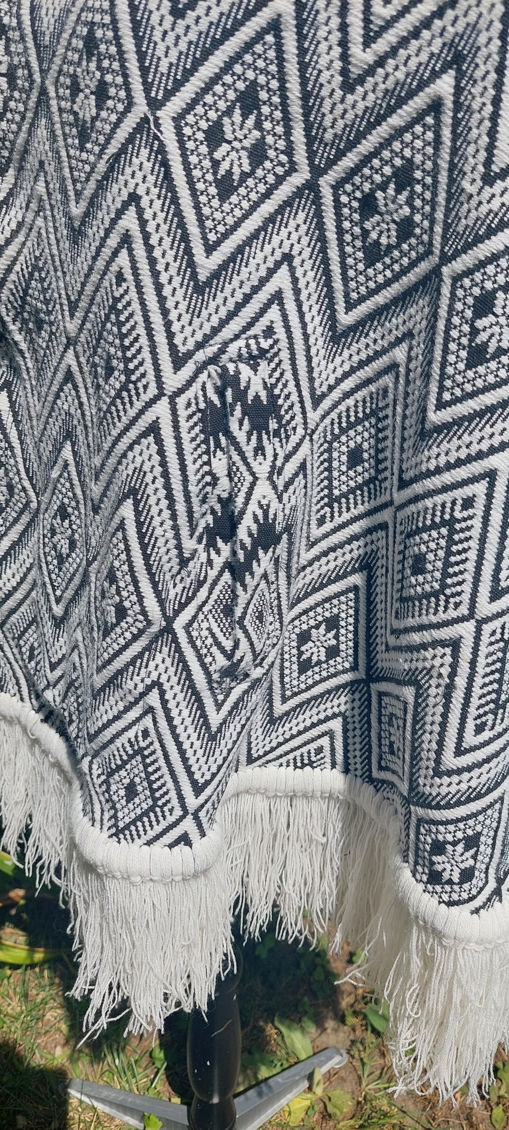 1970s Guatemalan Cotton Poncho: Black & White Boho Woven Bamboo