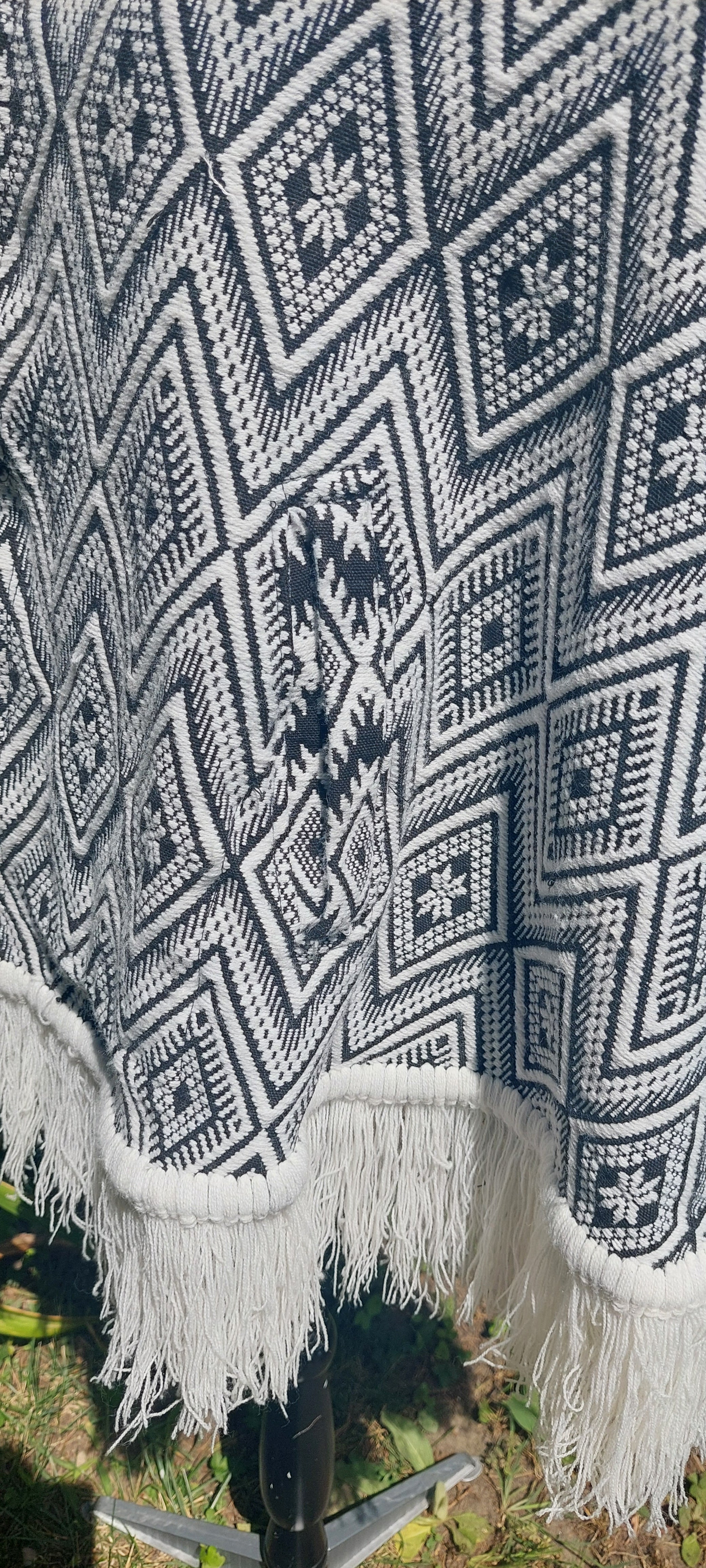 1970s Guatemalan Cotton Poncho: Black & White Boho Woven Bamboo