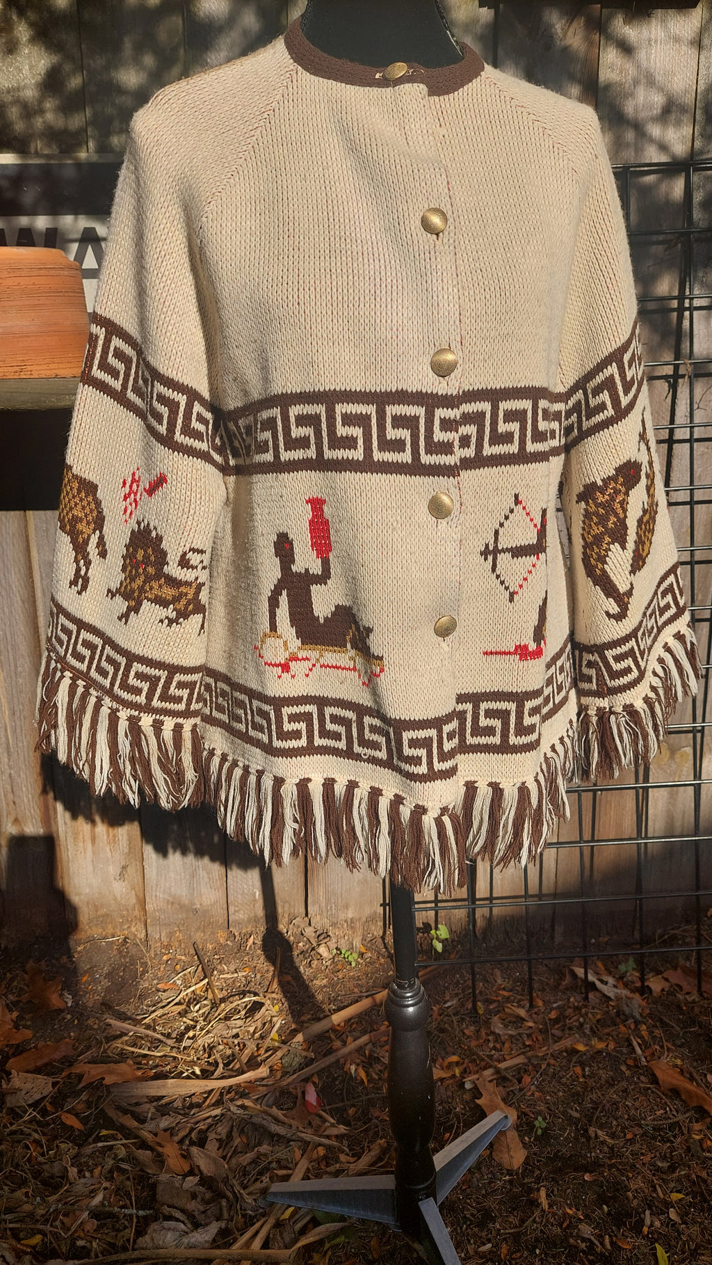1970s Carol Brent Zodiac Astrology Montgomery Ward Acrylic Knit Fringe Cape Boho Poncho Sweater