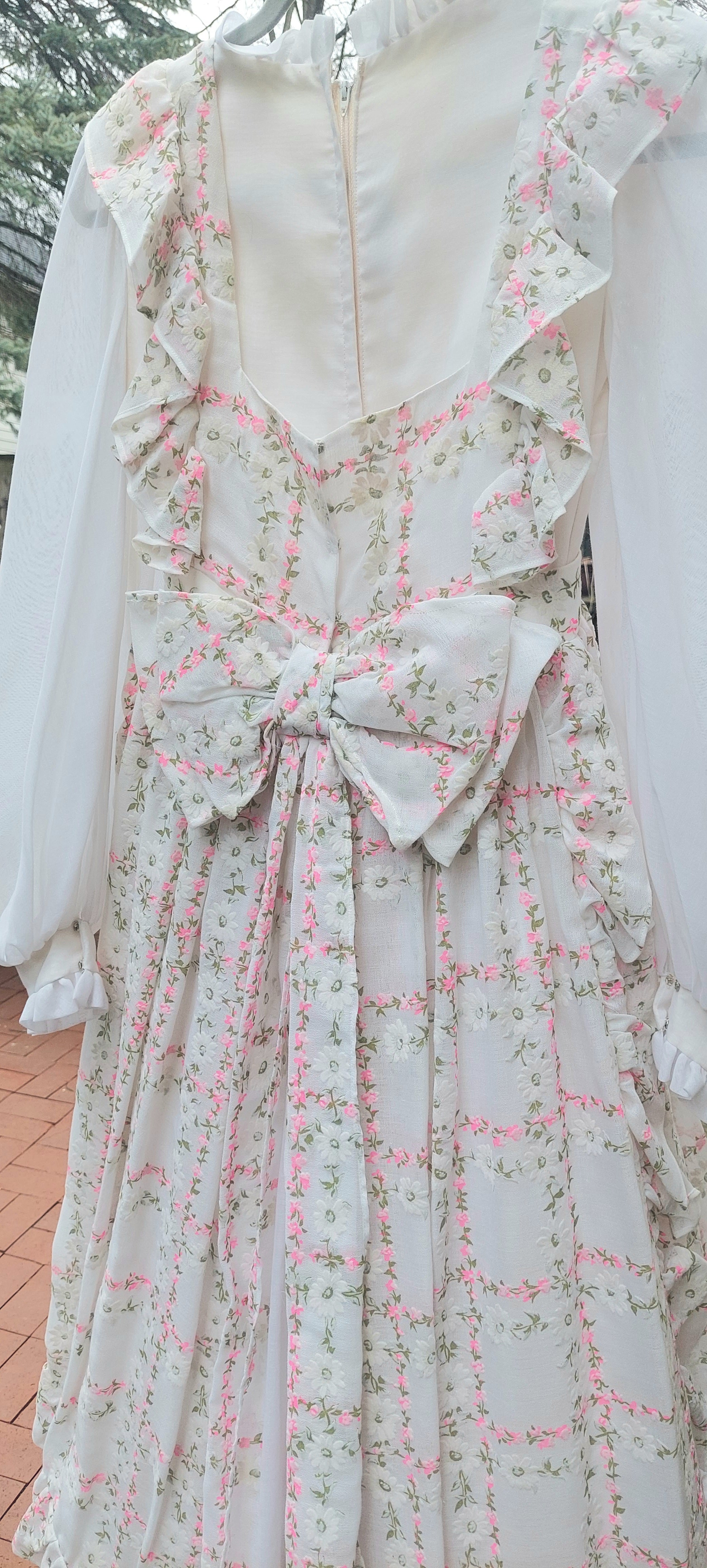 1970s Emma Domb Prairie Dress  2-Piece Boho Maxi Gown with Ruffled Pinafore