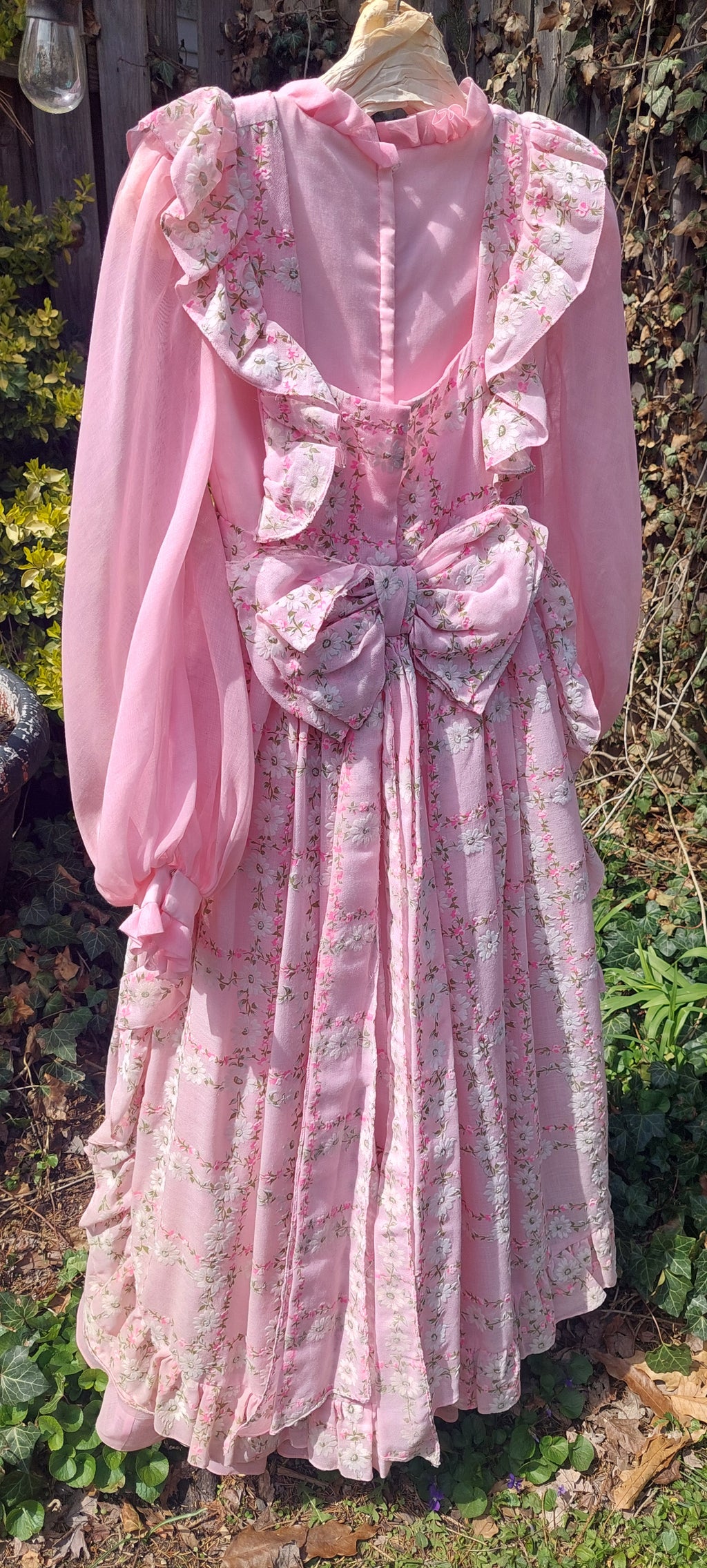1970s Emma Domb Prairie Dress:2-Piece Pink Boho Maxi Gown with Ruffled Pinafore